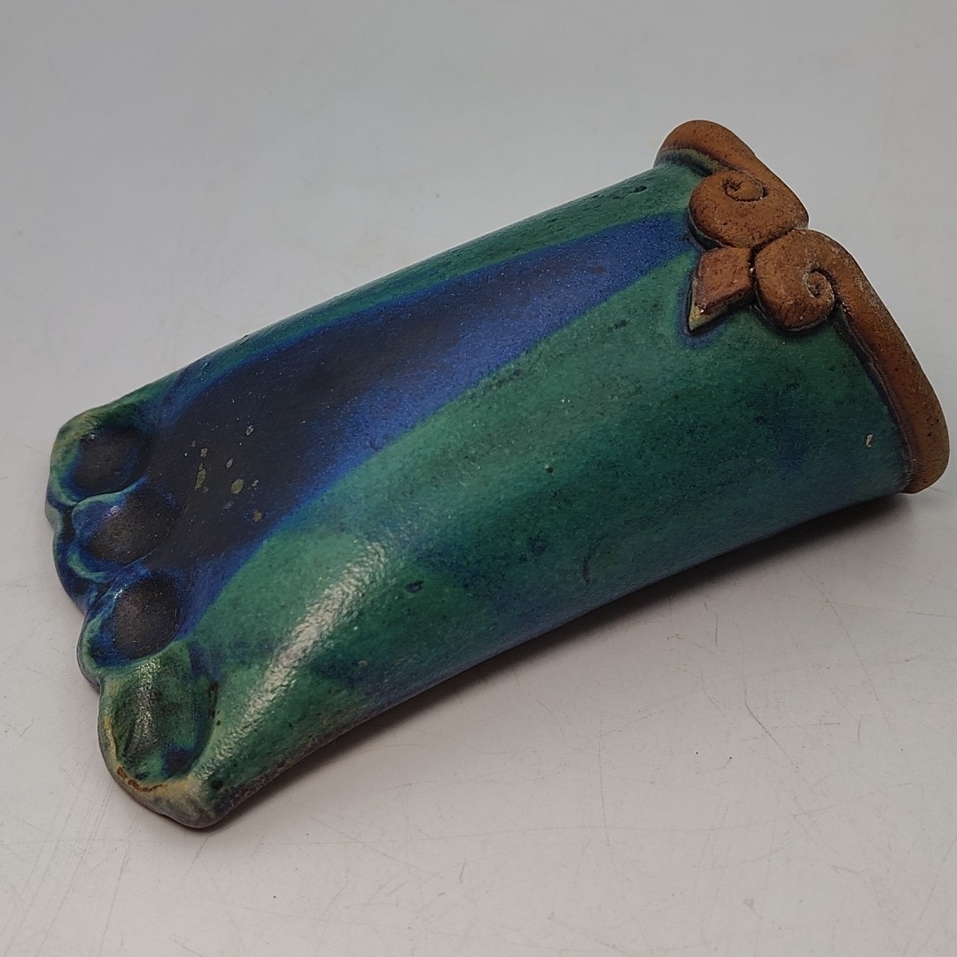 Unique Studio Pottery Wall Pocket Foot Shape Blue Green Stamped SEE PHOTOS