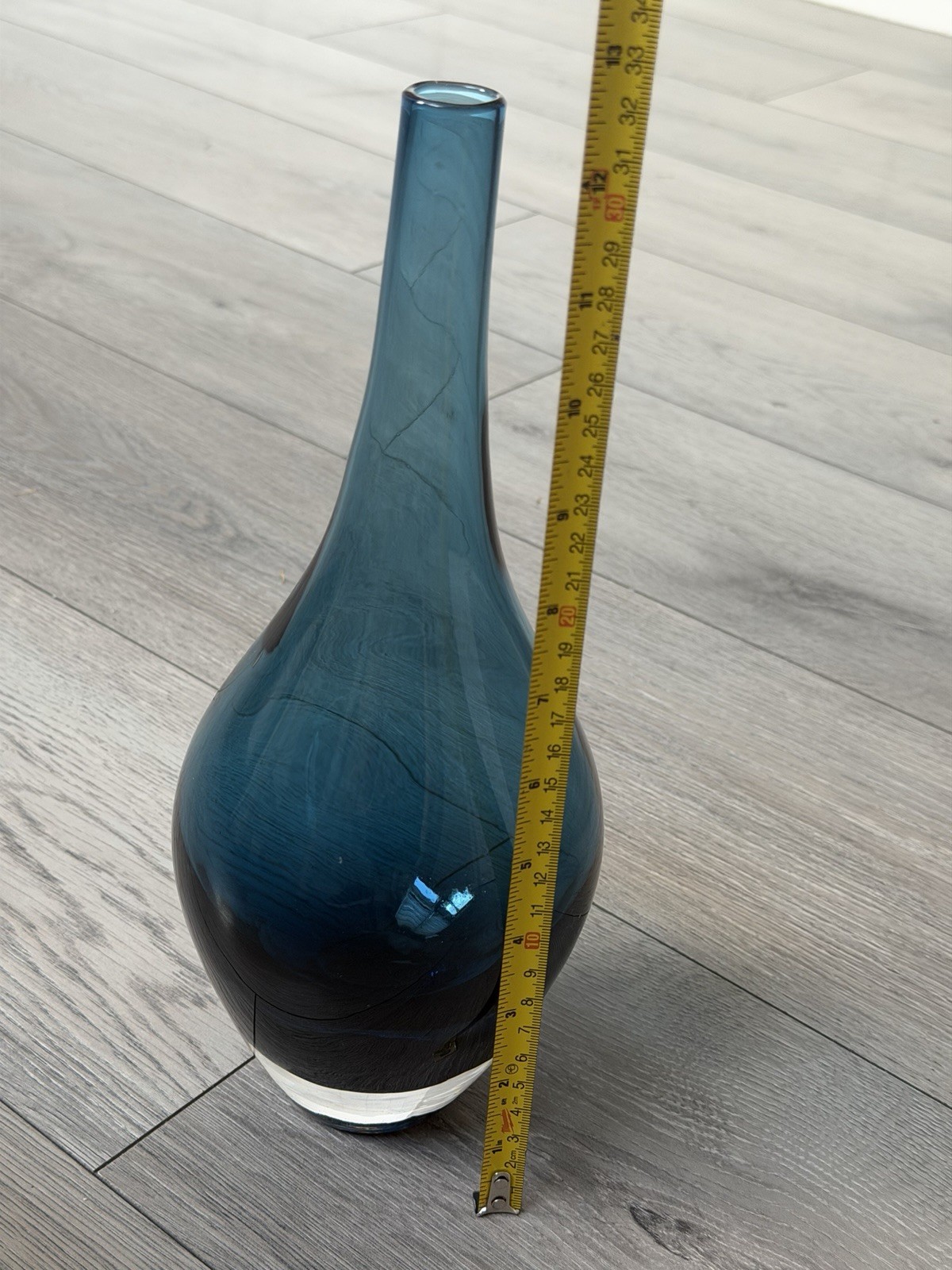 Vintage Teal Blue Art Glass Vase Hand Blown MCM Bottle Vase 12”