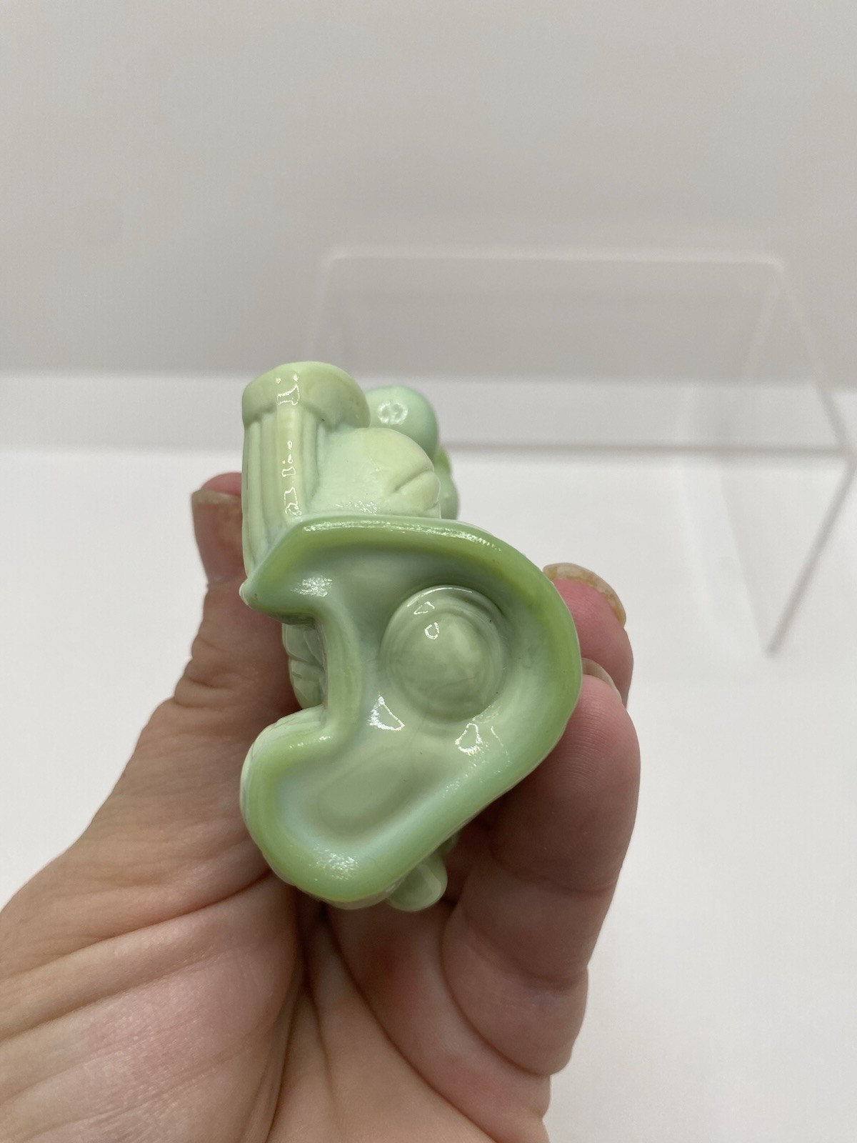 Mosser Art Glass 1981 Balloon Clown ‘Bags’ Jadeite Green Glass Figurine 3″