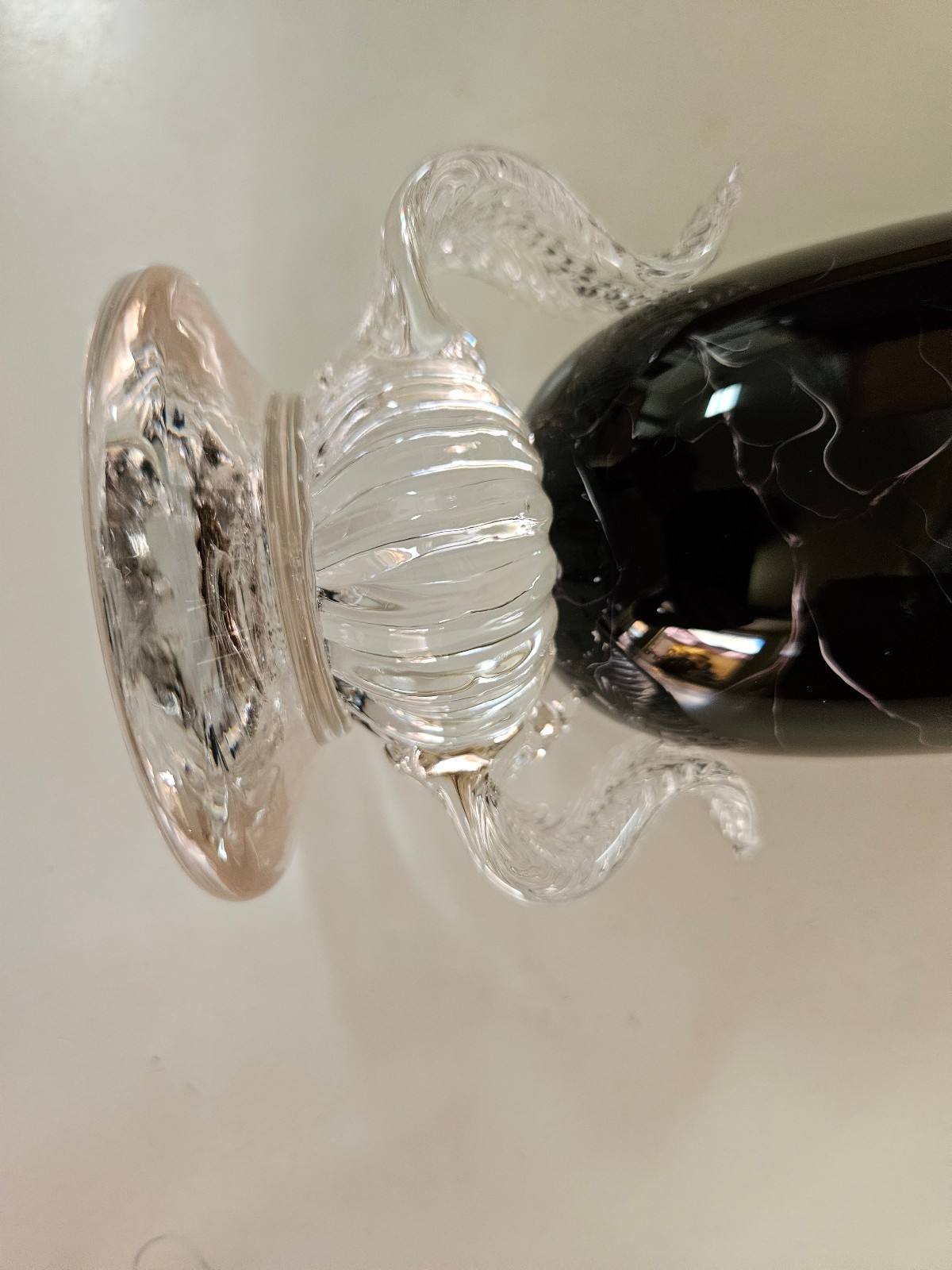 Art Glass Hand Blown Black Marbled White Vase Clear Stem Base Curled Leaf 11″