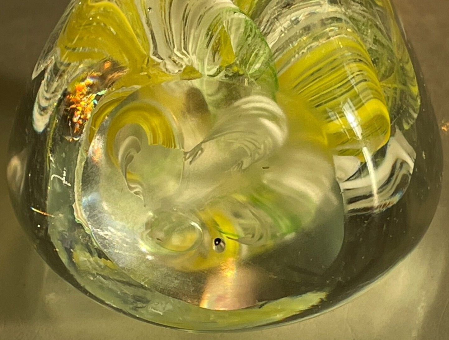 VTG Triangle Studio Art Glass Paperweight Yellow Green White Swirls Bubbles 4″