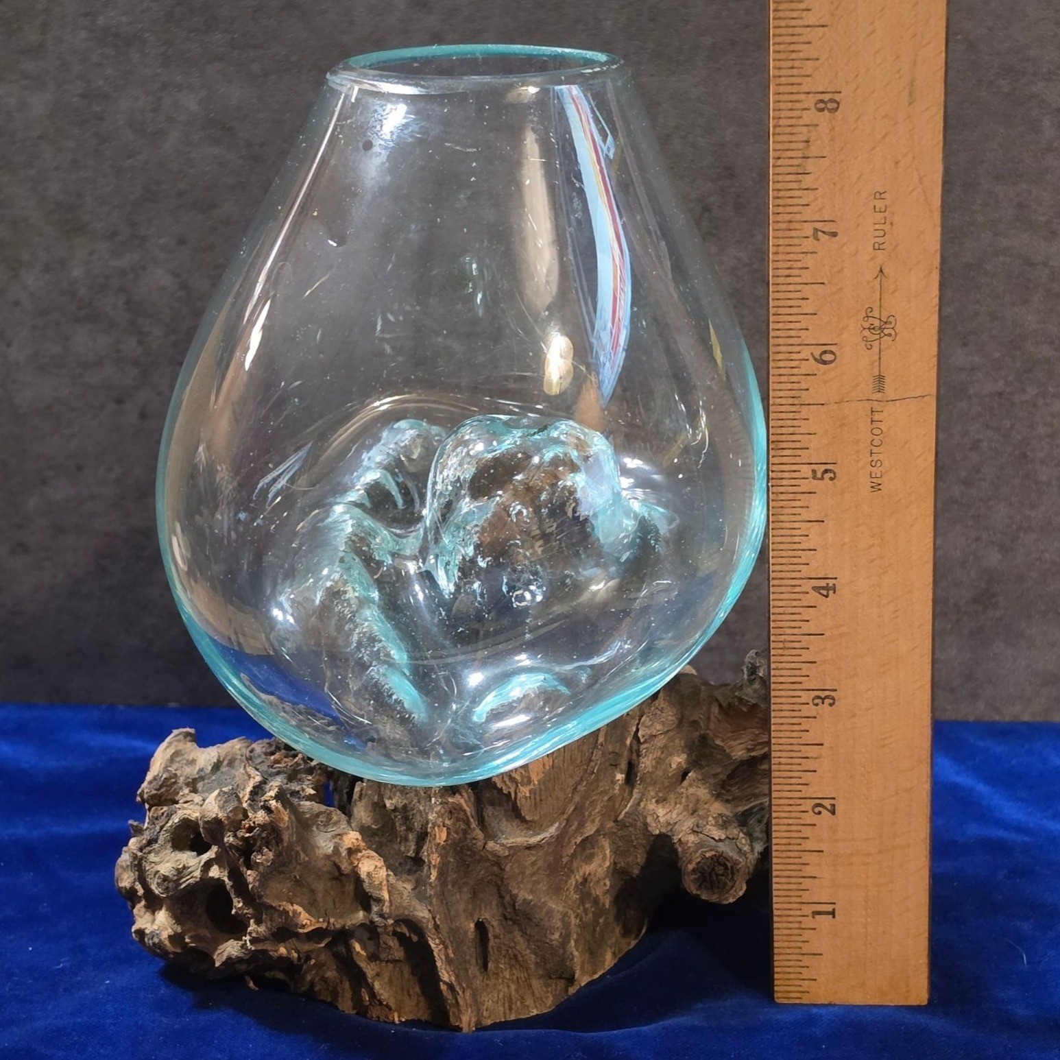 Hand Blown Molten Glass on Wood Root Base Vase 7.25″ Terrarium Planter Bali OOAK