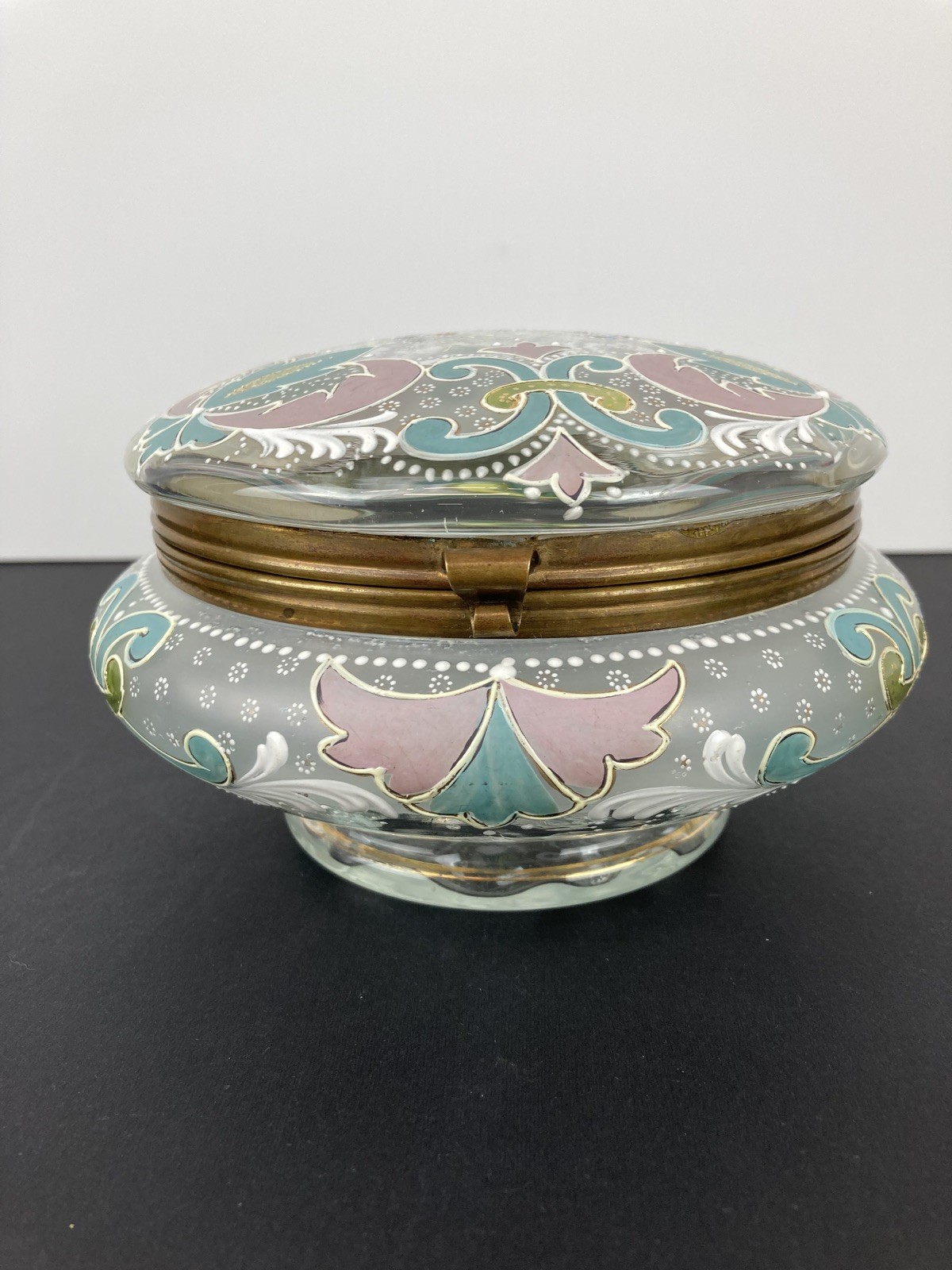 Large Antique Bohemian Enameled Pink/Blue/Light Green Trinket /Dresser Jar NICE