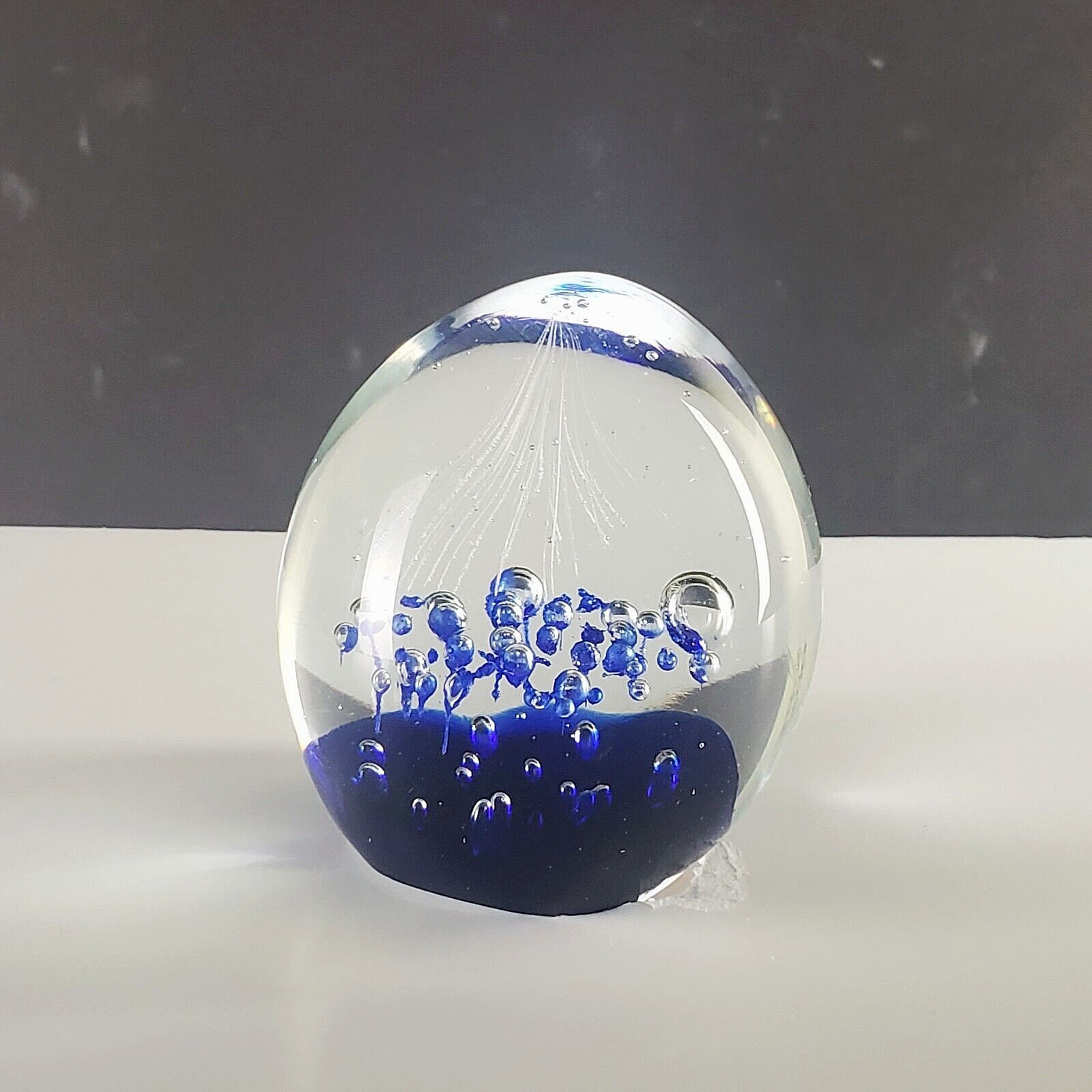 3.25in Art Glass Paperweight Blue Clear Globe Bullicante Bubbles Silver Strings