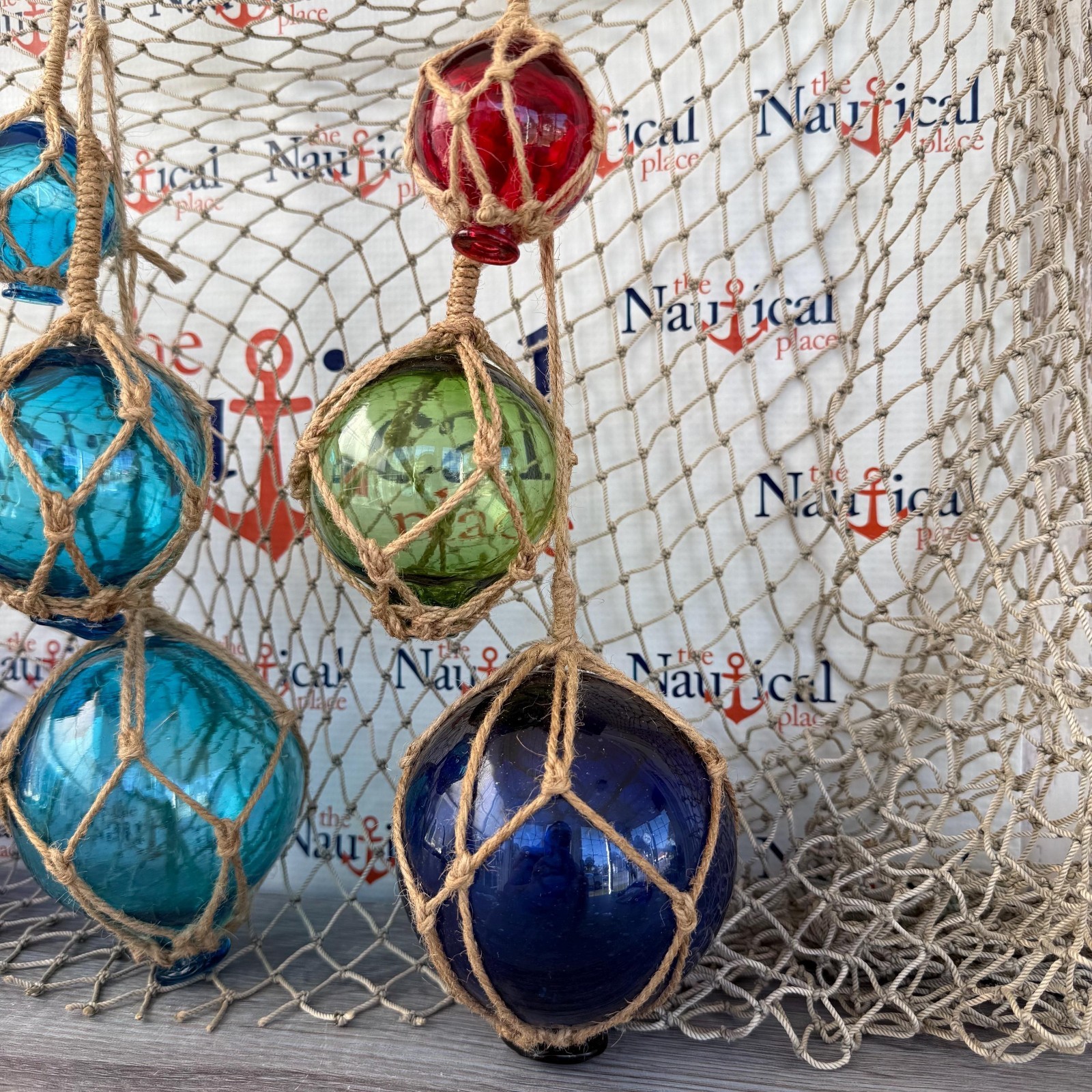 3 Glass Fishing Floats On Jute Rope, Red, Green, Blue, Aqua Fish Net Buoy