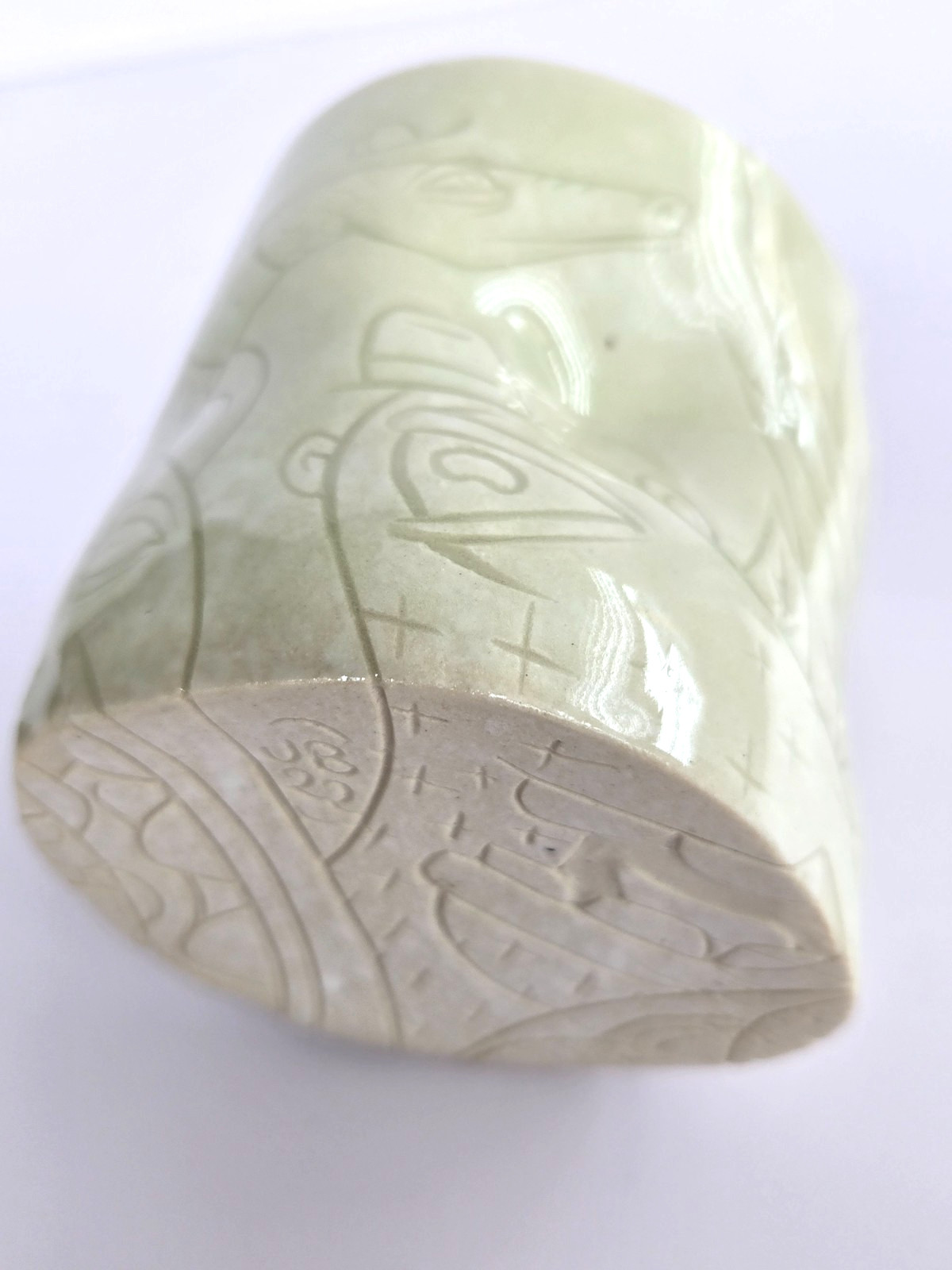 Joseph Brooks Art Pottery Cup 2022 light green glaze, cat & animal & characters