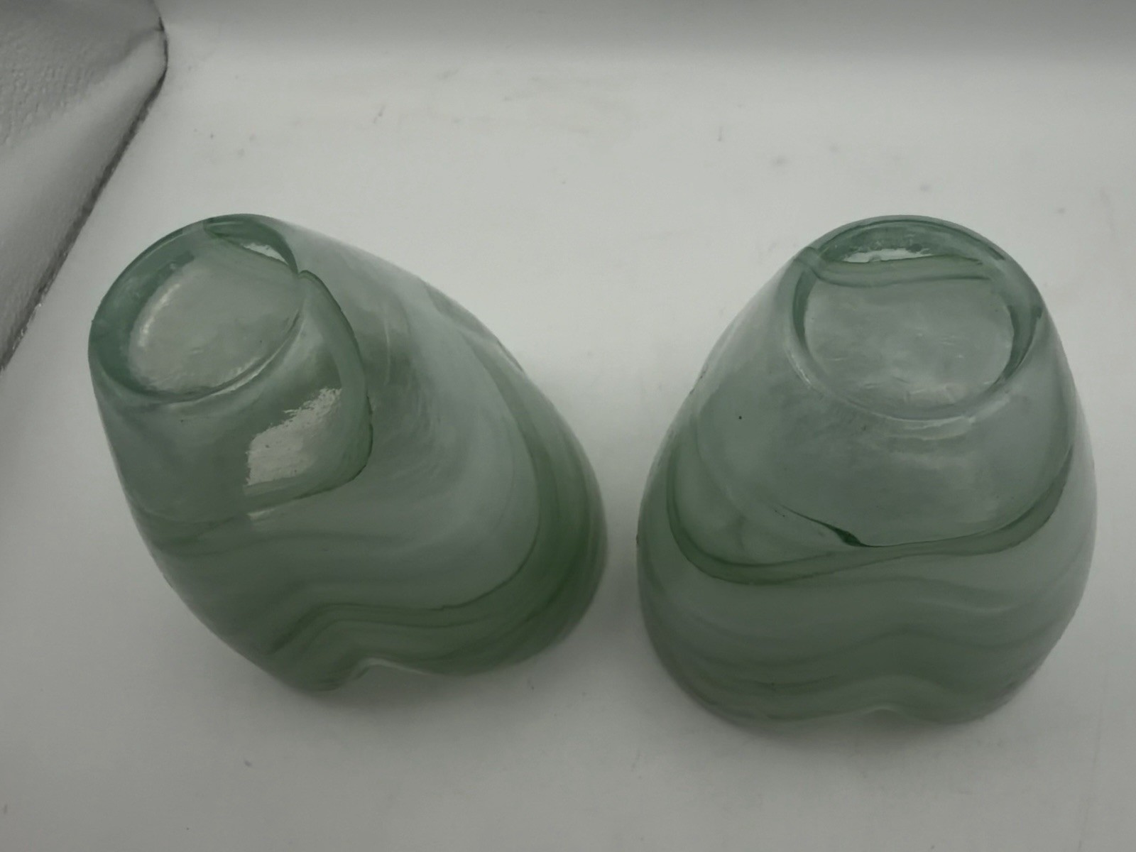 Pair Green Slag Glass Votive Candle Holders Swirl Art Glass ~4”