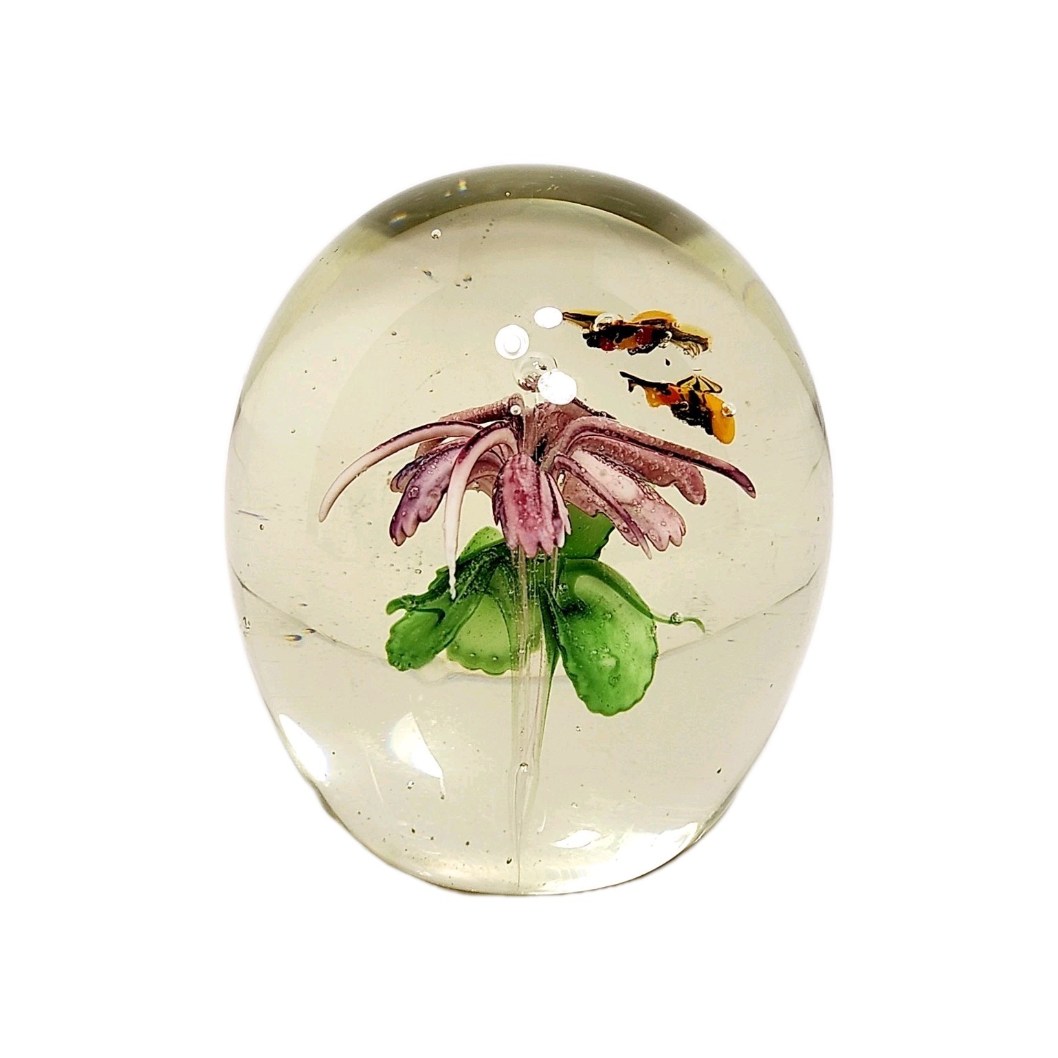 Handcrafted Silvestri Art Glass Paperweight Two Bees And A Purple Flower • VTG