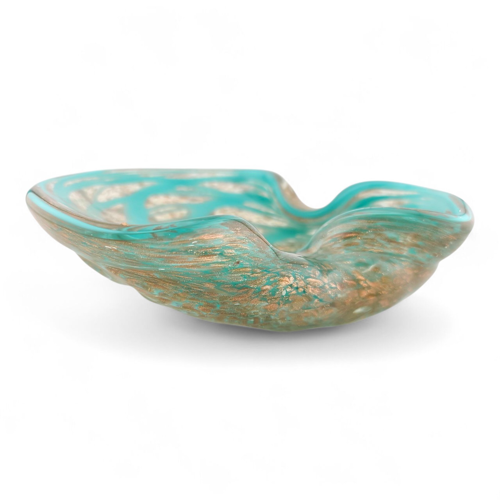 Barovier And Toso Murano Glass Ashtray Bowl Graffito Teal Blue With Gold Flecks