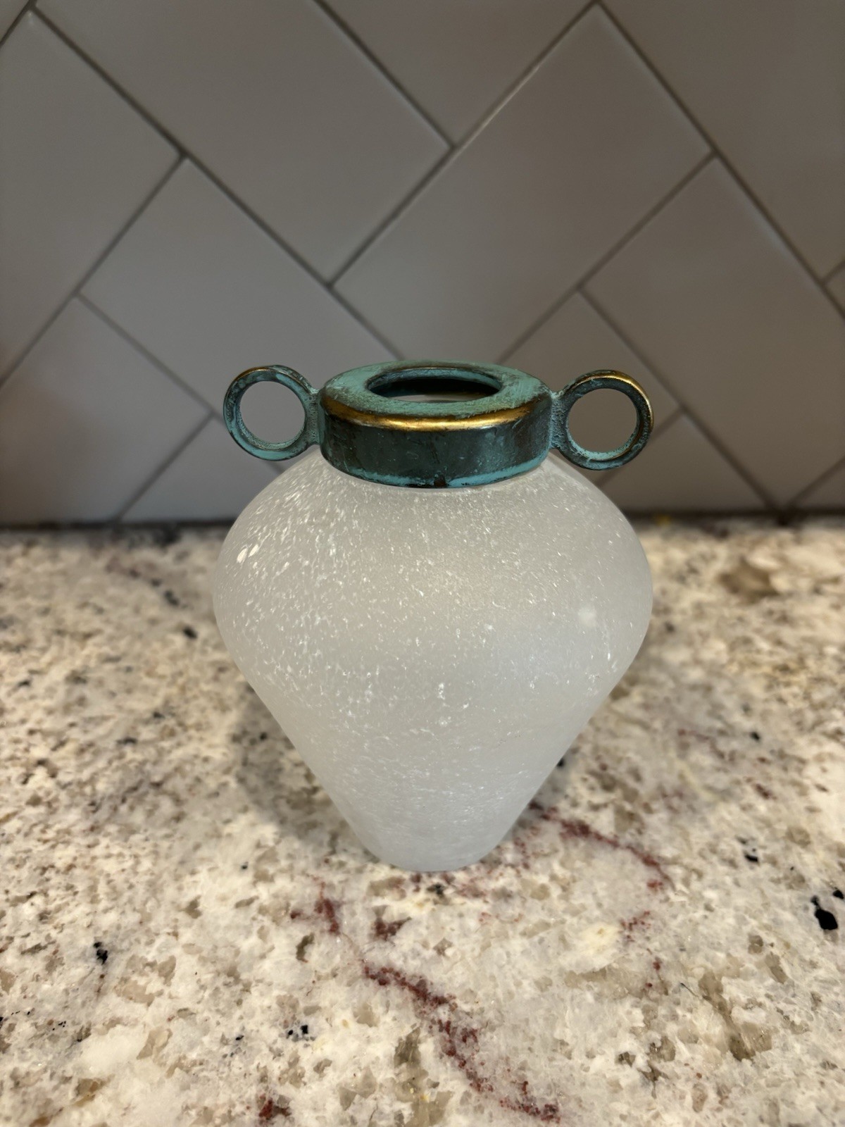 Silvestri Vintage Mid Century Mouth Blown Scavo Art Glass Verdigris Top Vase 5″