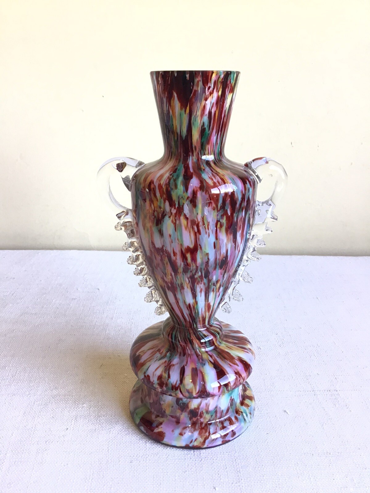 Vintage Handblown Swirl Multicolor Cased Art Glass Clear Handled Vase 7.25″ Tall