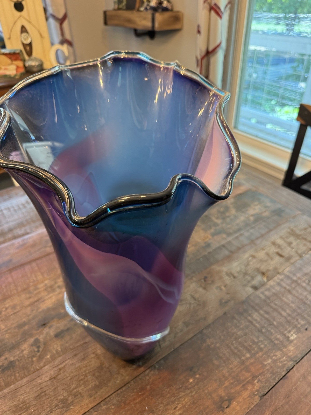 Murano Style Hand Blown Art Glass Vase Signed Blue Purple Swirl Ruffled Rim