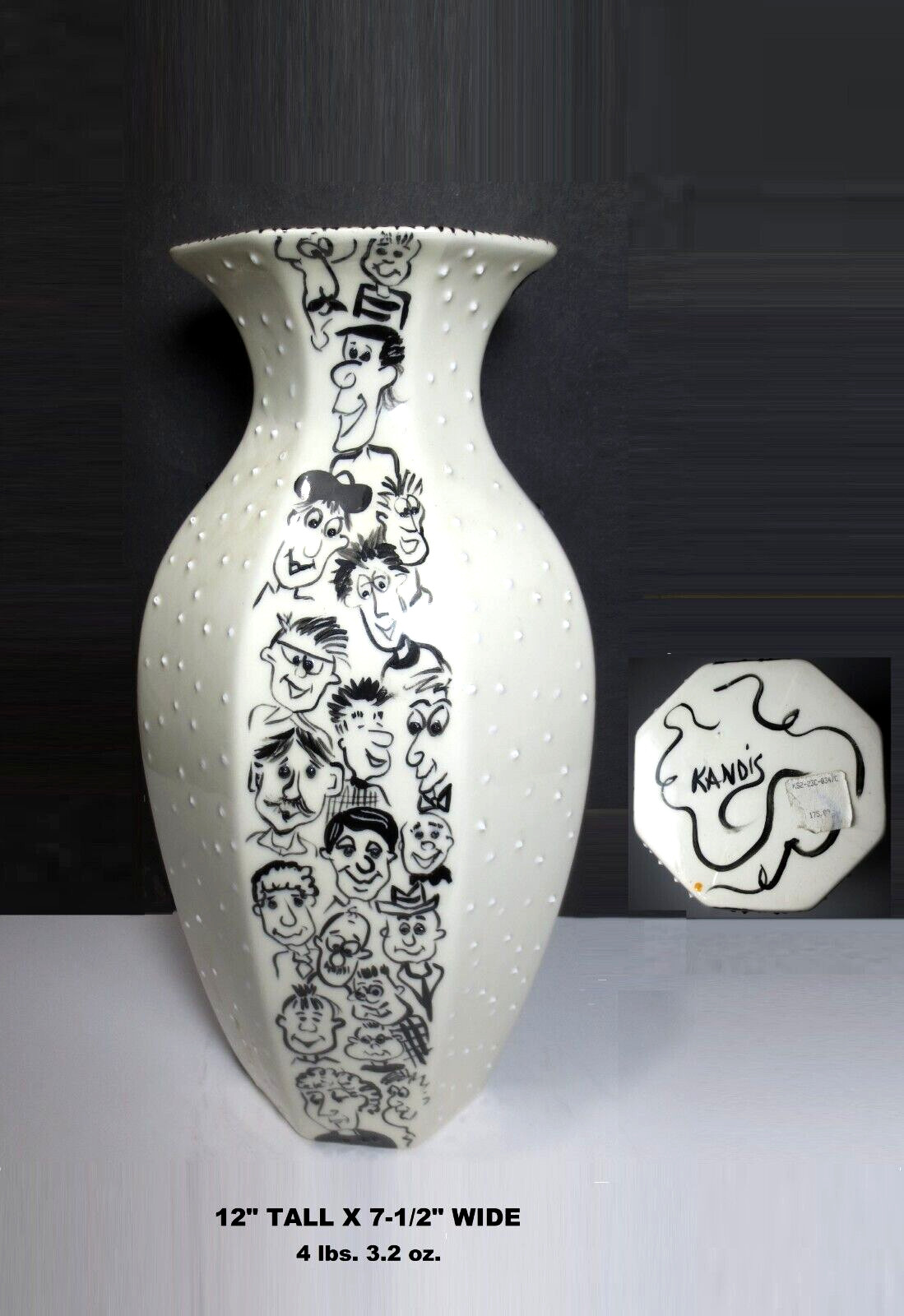 RARE! KANDIS SPECTOR “CARTOON FACES” HAND PAINTED SPECKLED GLAZED PORCELAIN VASE