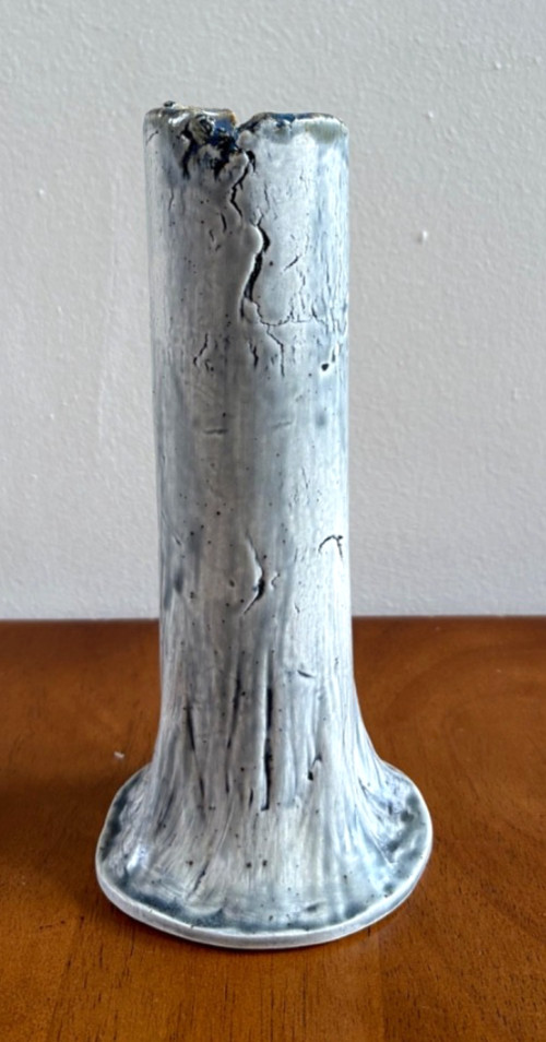 Handmade Abstract Ceramic Blue Tree Trunk Vase | Signed “LMP”, 2025 | 10″ Tall