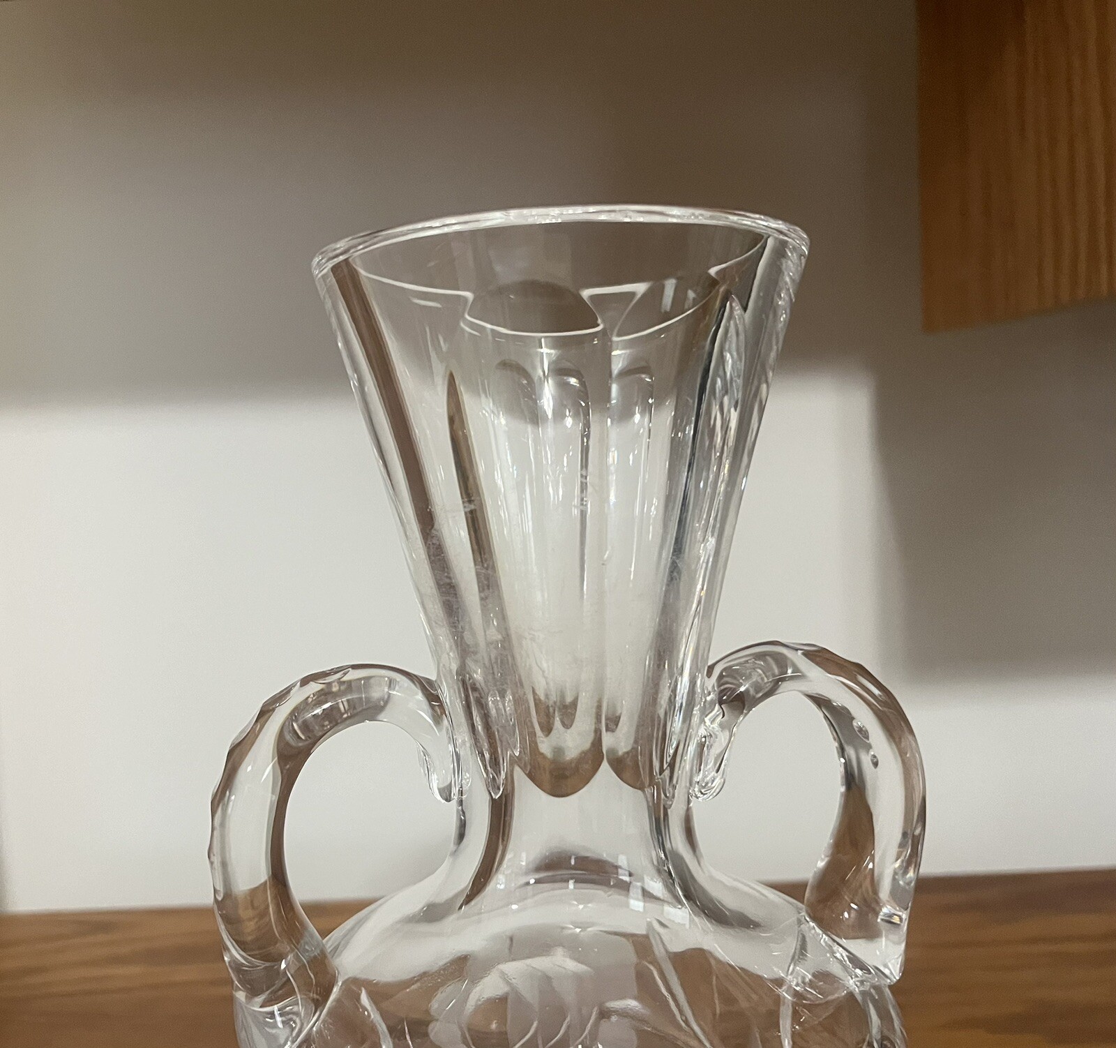 ANTIQUE GORHAM 11 3/4” TALL ETCHED CUT LEAD CRYSTAL TWO HANDLE VASE – 4lb 11 oz.