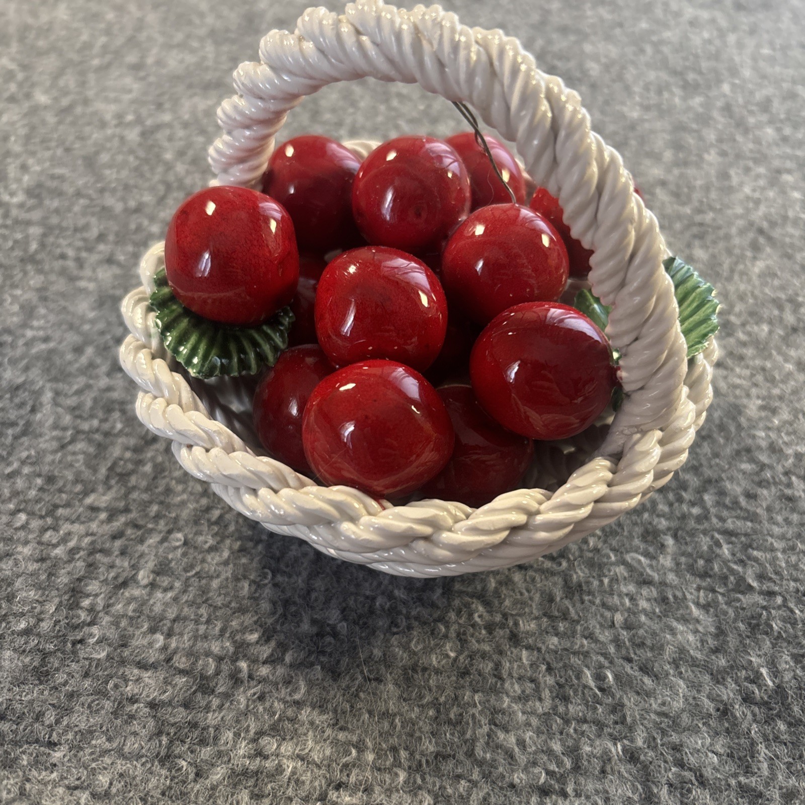 Vintage Ceramic Cherries Fruit In White Woven Basket Hand Painted MCM Red