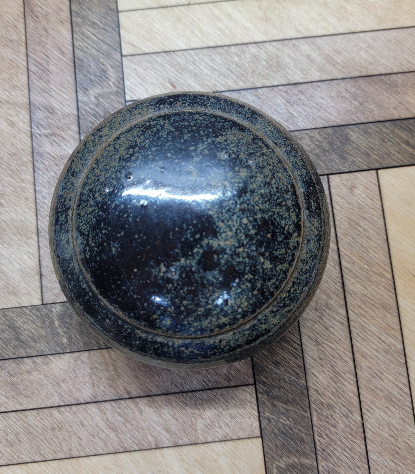 Domed Lid Art Pottery Round Trinket Box Signed Spices Black Beige Earthy Speckle