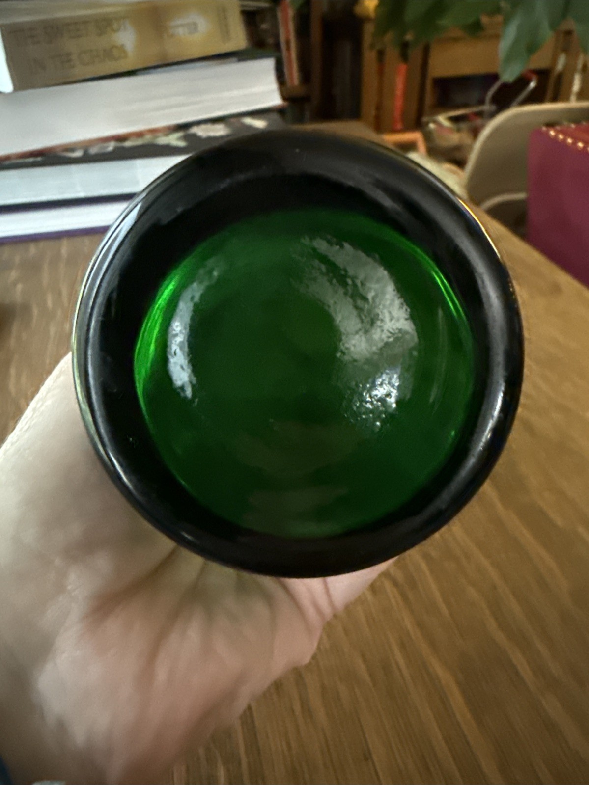 Mid Century Vintage Morgantown Adams Glass Slant Top Vase Moss Green 8″ H