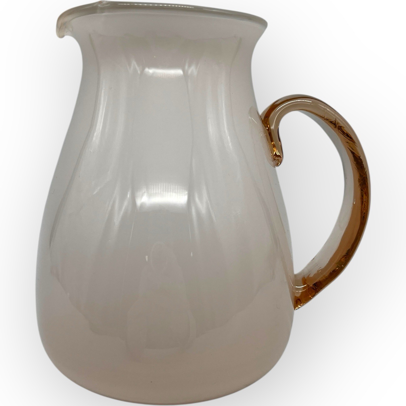 Vintage Pink Art Blown Glass Opaline Pitcher Vase 6.75” White Interior Cottage