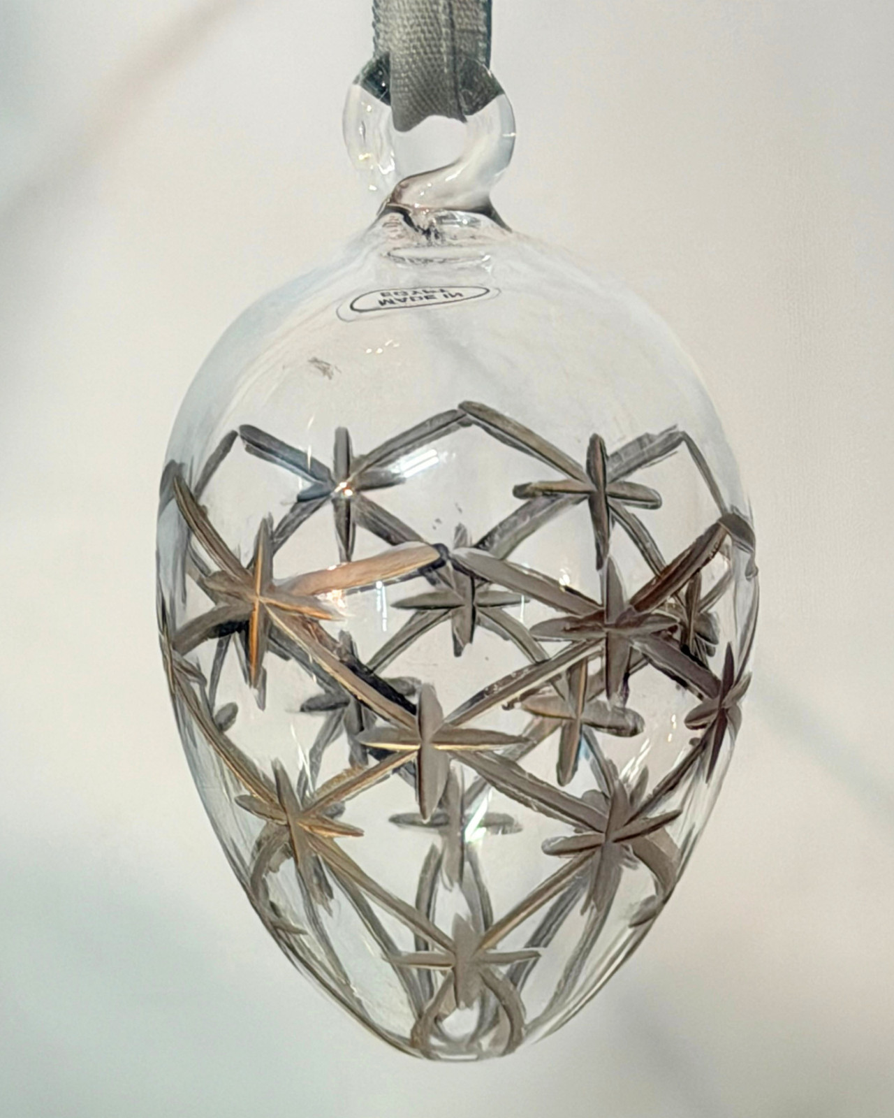 Sundance Egg of Glass Ornaments Box Set of 3 Etched Clear Glass Gold Details 3″L