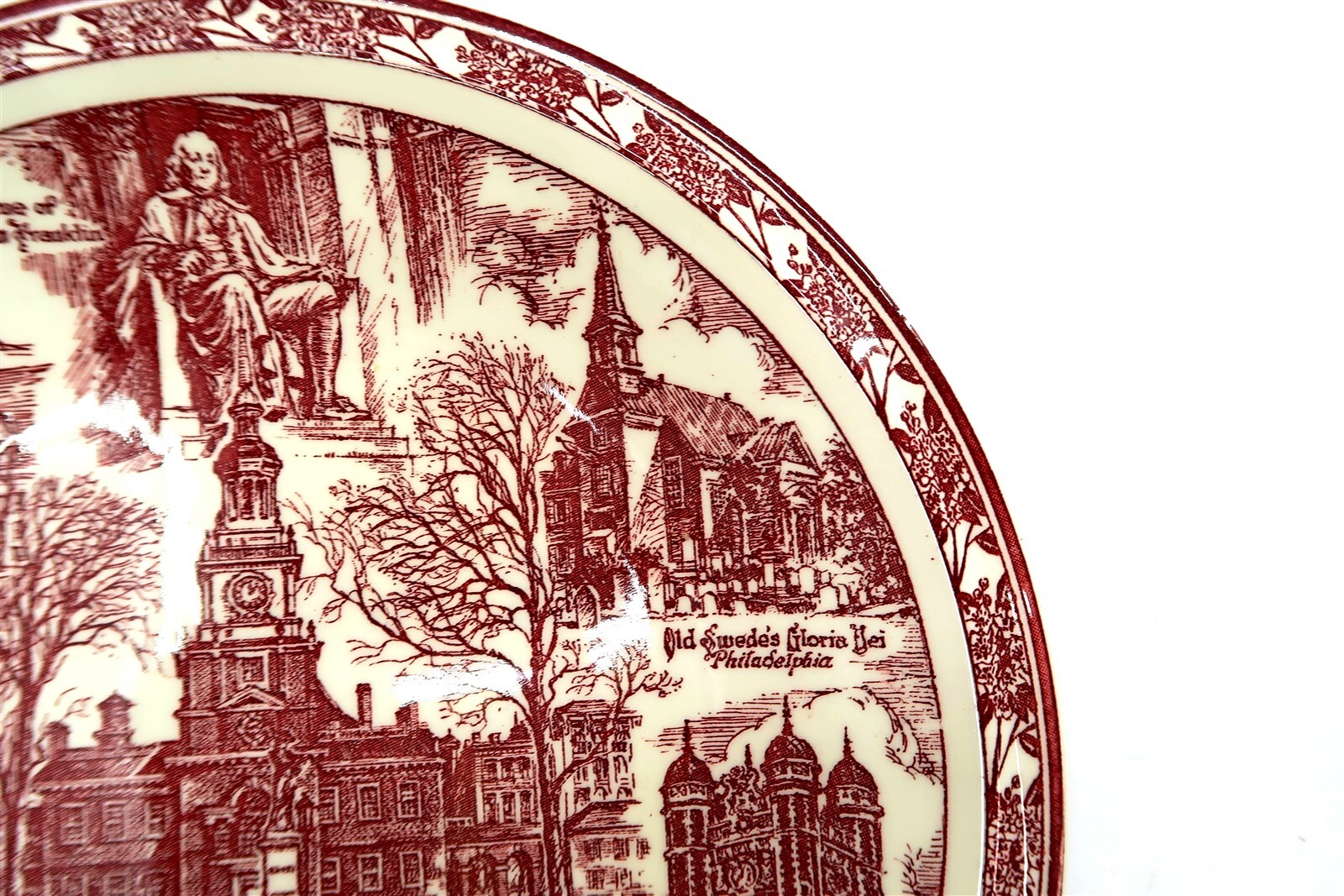 Vintage VERNON KILNS Cradle of Liberty Red Transferware Plate Independence Hall