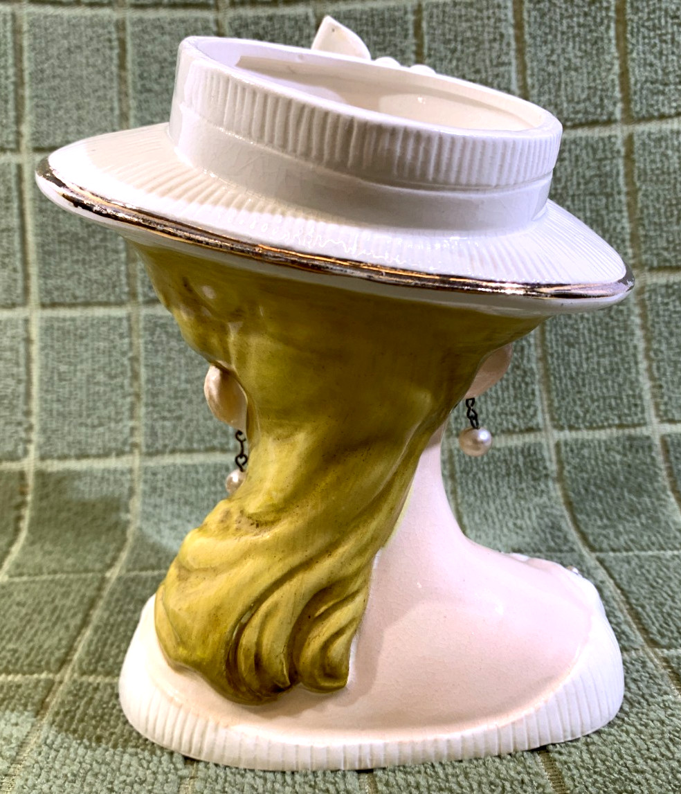 Vtg Lady Head Vase White w/Gold Accents Blonde in Hat Eyelashes w/EARRINGS #500