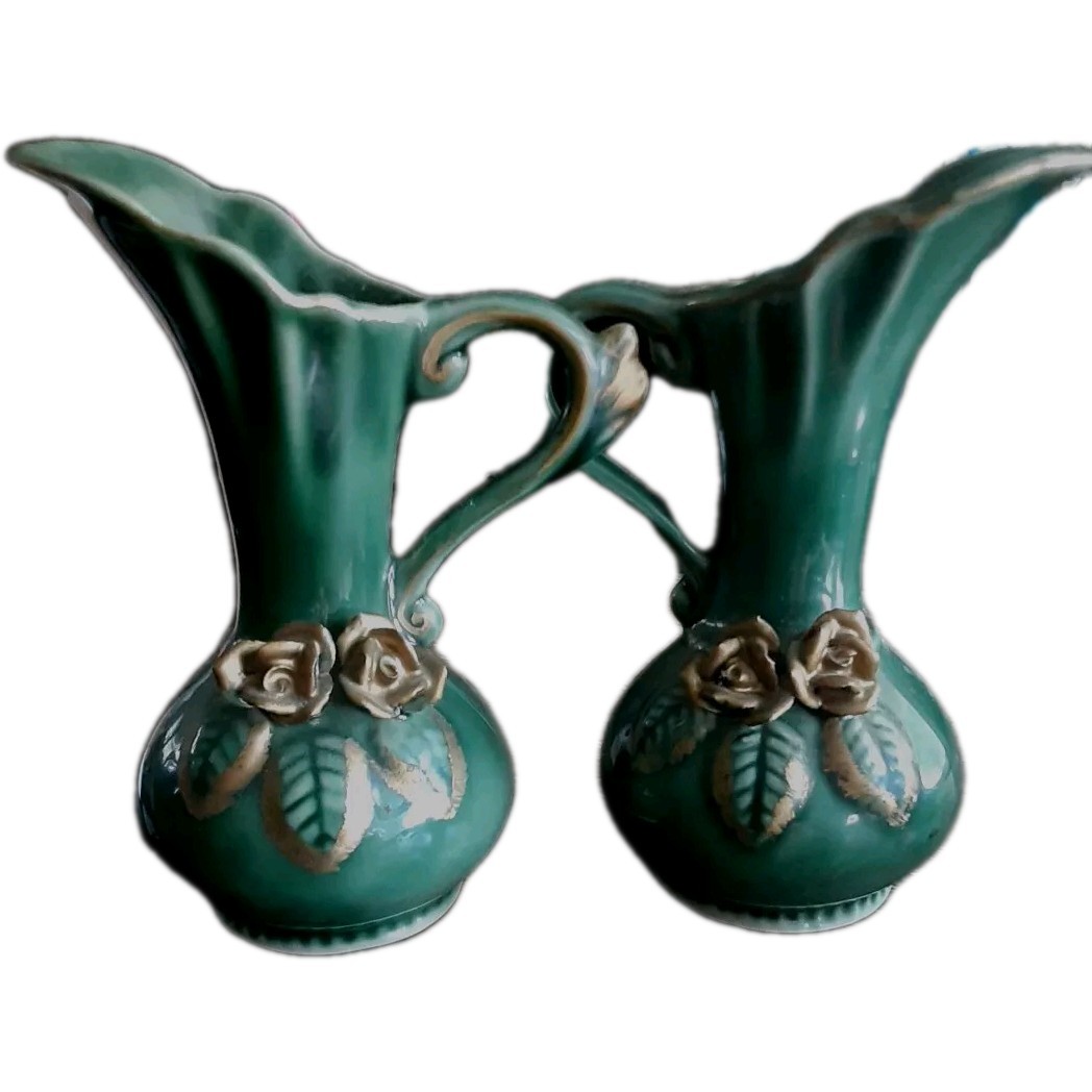 Two 5 In Tall Green Gold Pottery Pitcher Vase Applied Gold Flowers Vintage