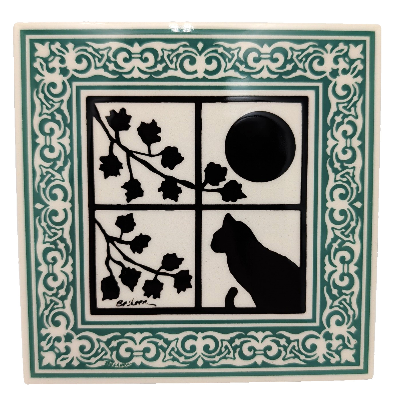 Besheer Art Tile Cat Silhouette Moon Floral Window Design Green Scroll Border 6″