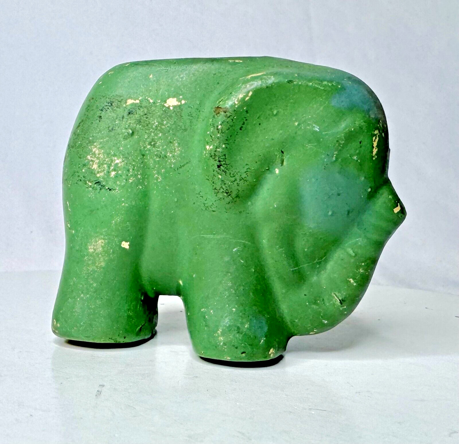Vintage Small Green Pottery Elephant Figurine with Raised Trunk for Good Luck
