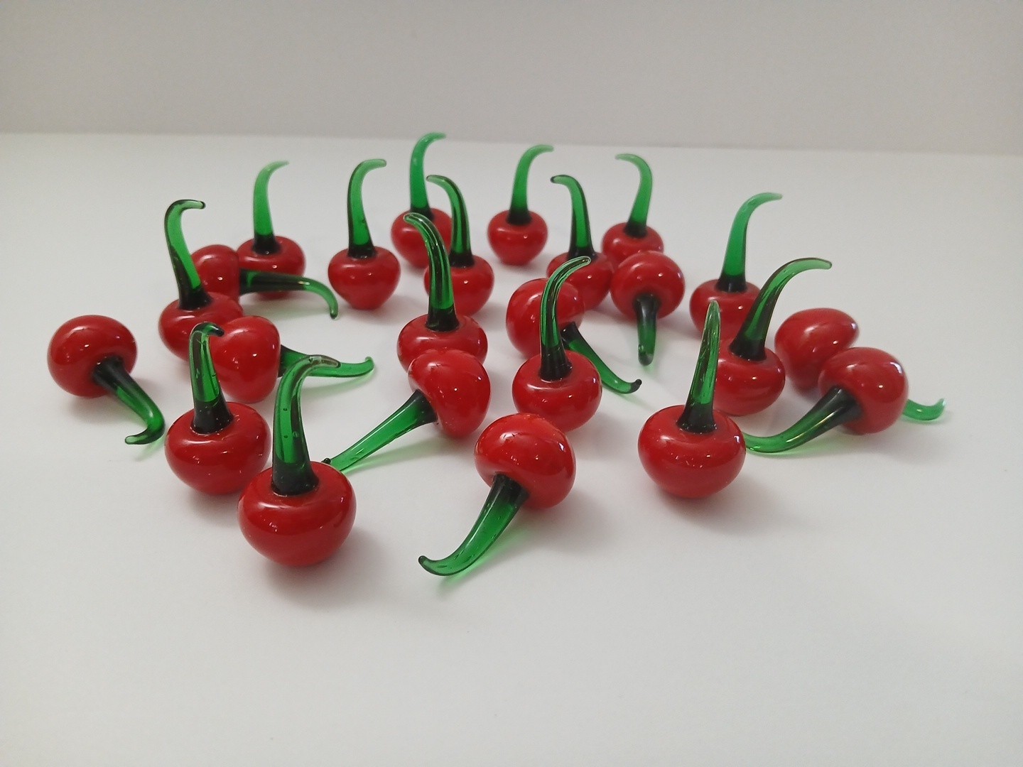 Vtg Box of 24 Murano Handblown Glass Cherries Mini Red Fruit Display Pontil Mark