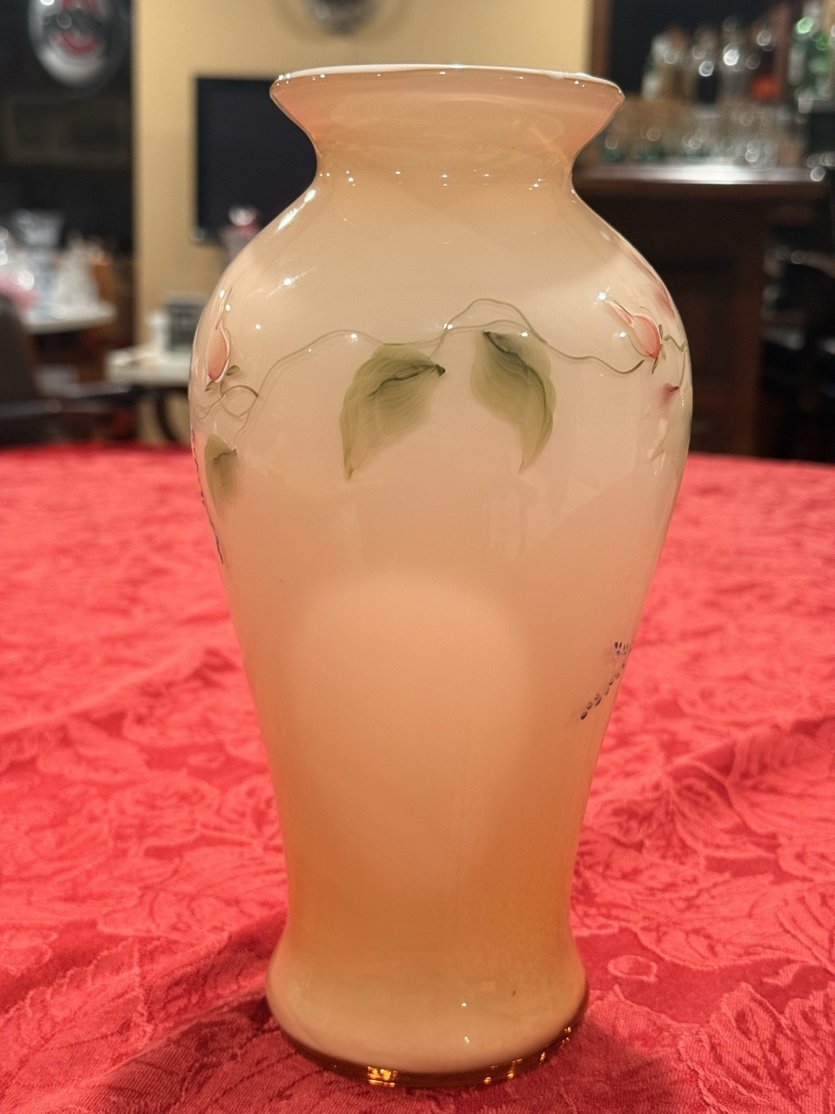 Fenton Satin Sunset Overlay Hand Painted “Princess Roses” Vase Signed Ex Cond