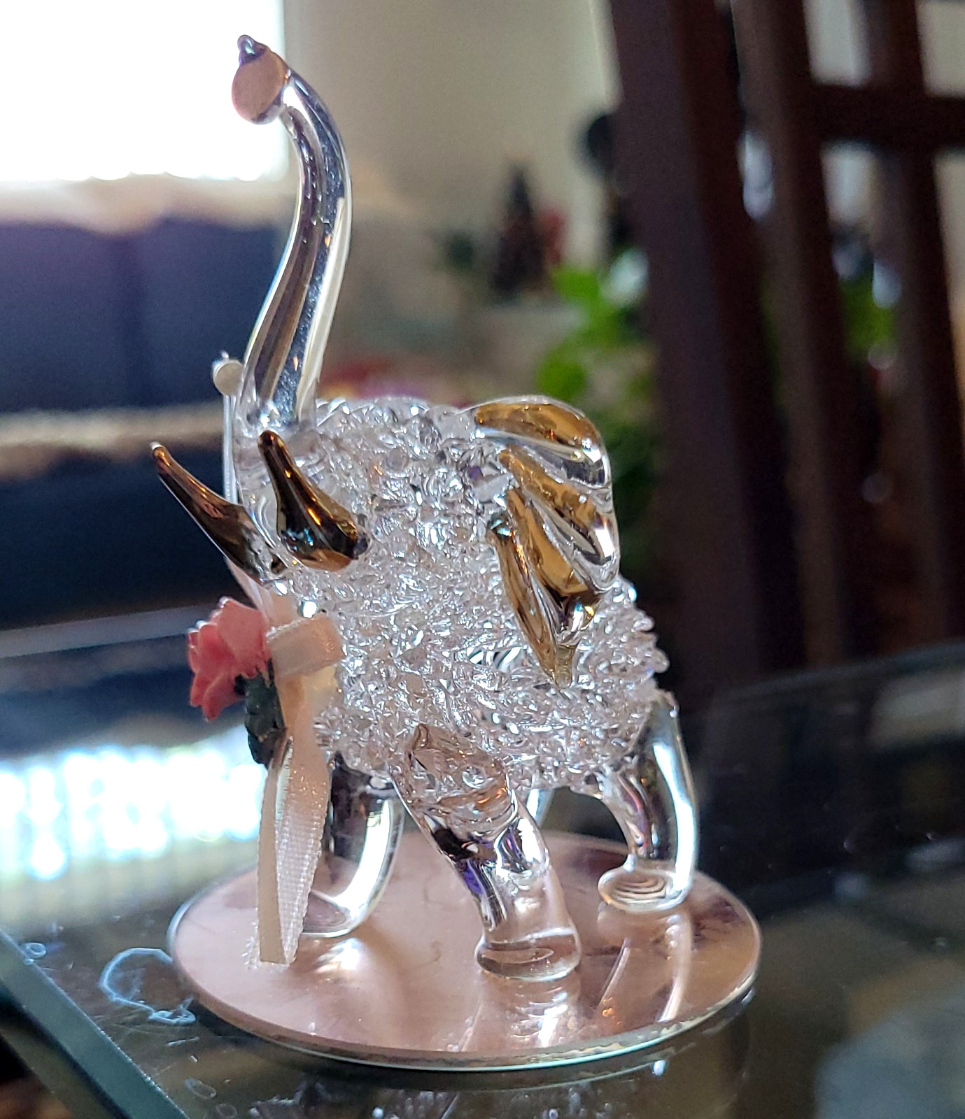 Elephant Handblown Glass Trunk Up Wearing Flower Viollet Base Statue vtg