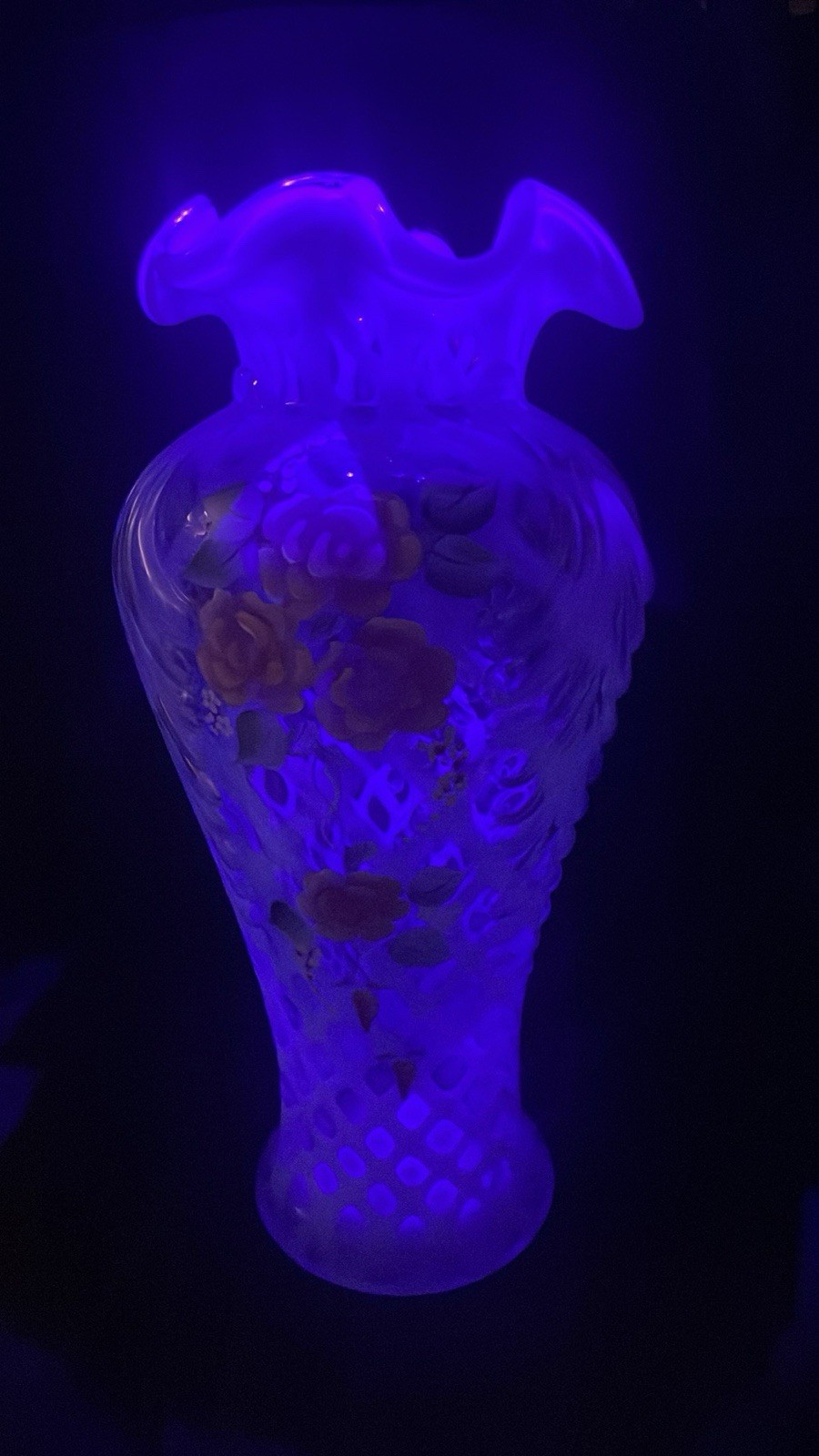 Fenton Hand Painted Opalescent Lattice Floral Rose Glass Vase Signed R. McGregor