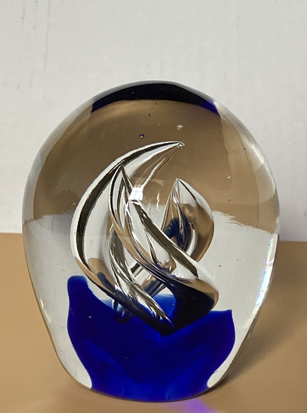 Cobalt Blue And Clear Swirl Glass Paperweight 4 X 3.5 Inches