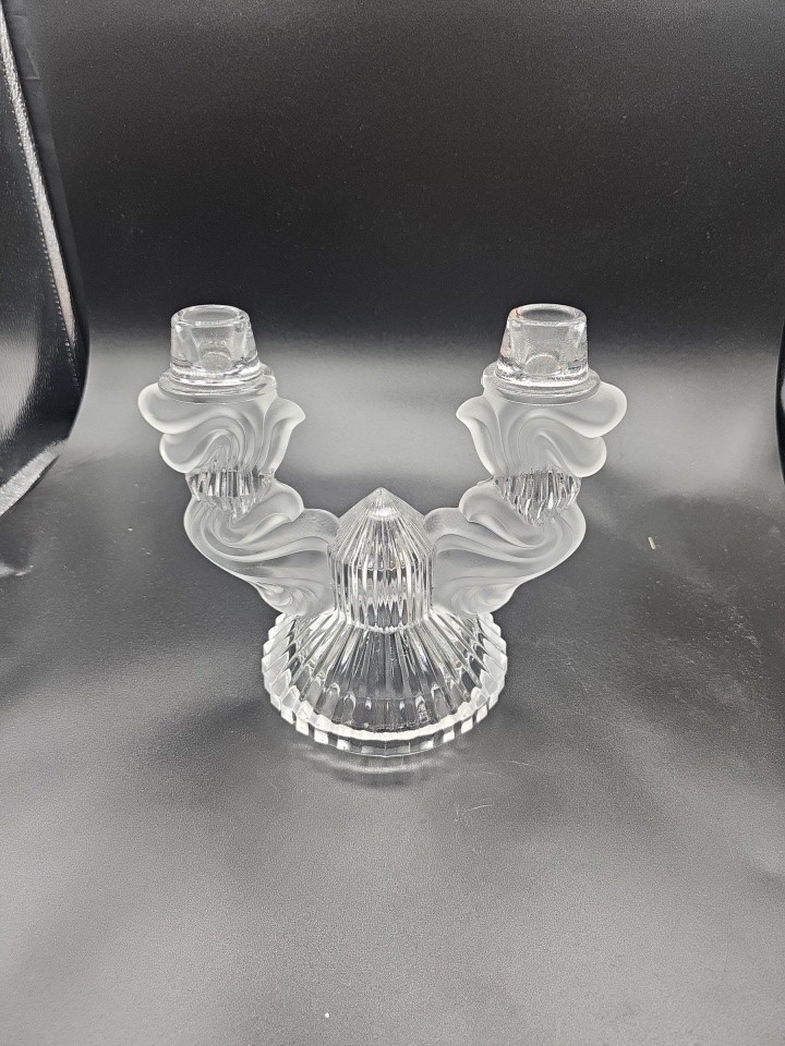 1930s Art Deco Czech Libochovice Frosted Crystal Two Arm Candle Holder 7.5Hx8”L