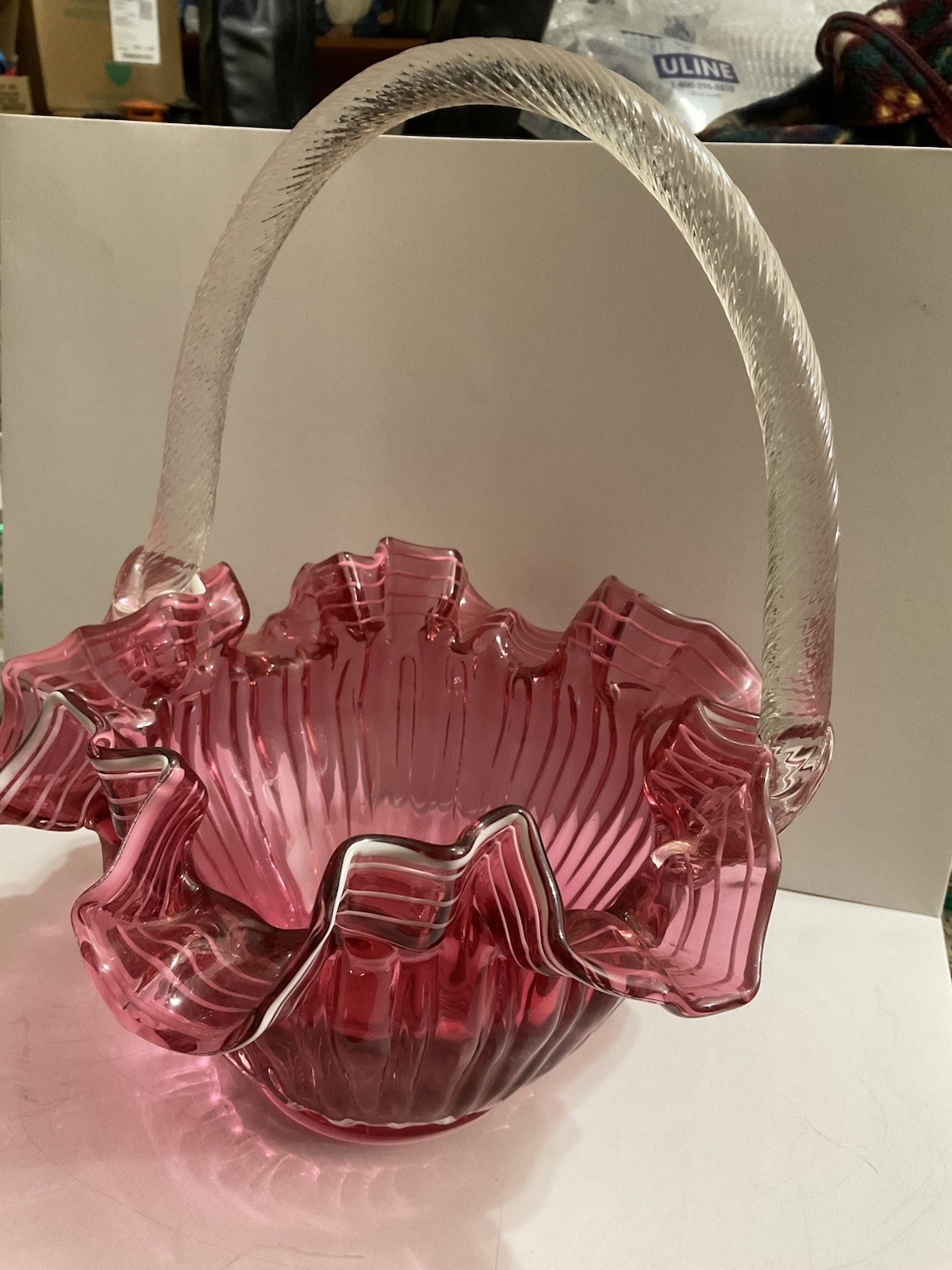 Fenton Cranberry Glass Overlay Ruffled Basket with Handle 1950 Ribbed Art Glass