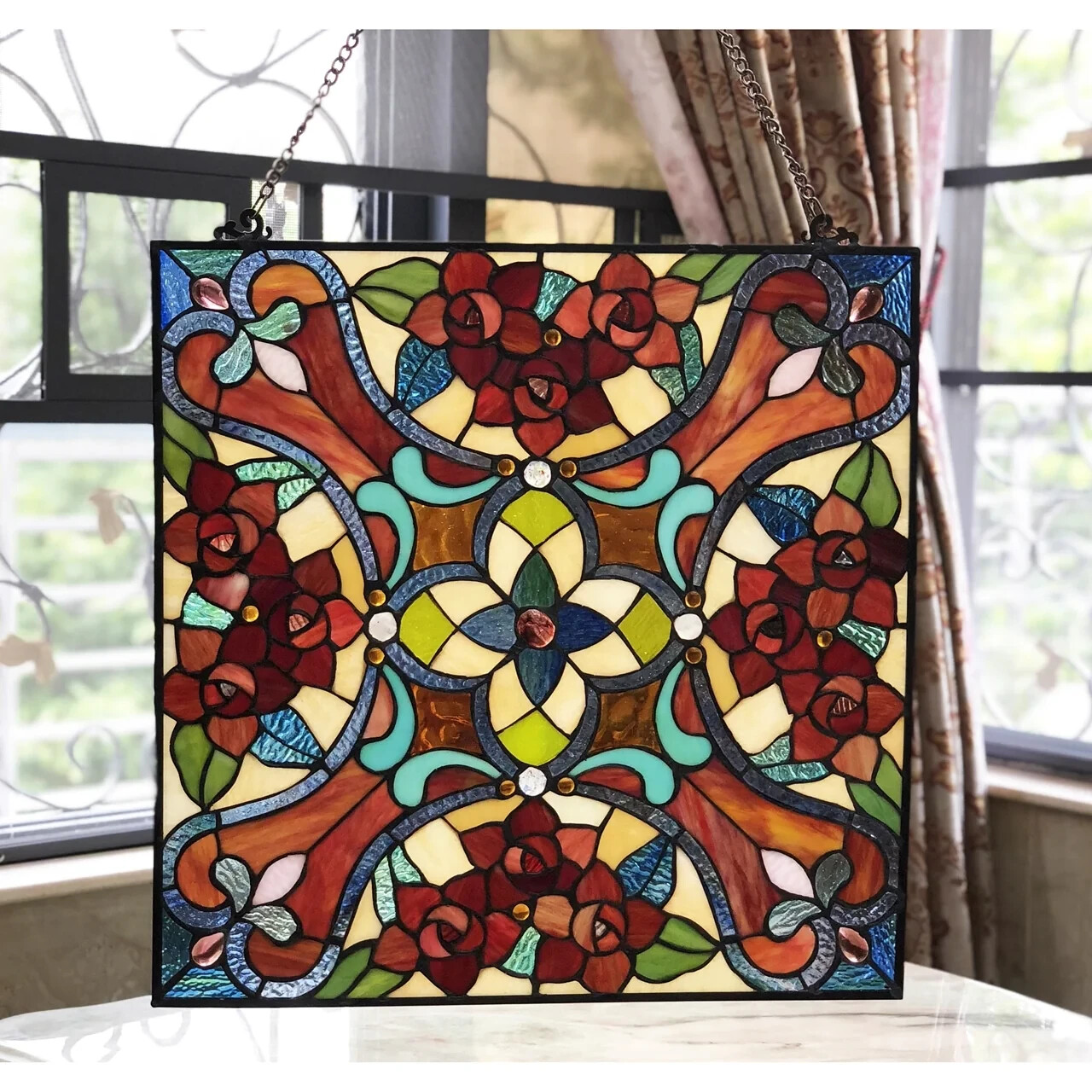 Stained Glass Tiffany Style Victorian Design Hanging Window Panel Suncatcher