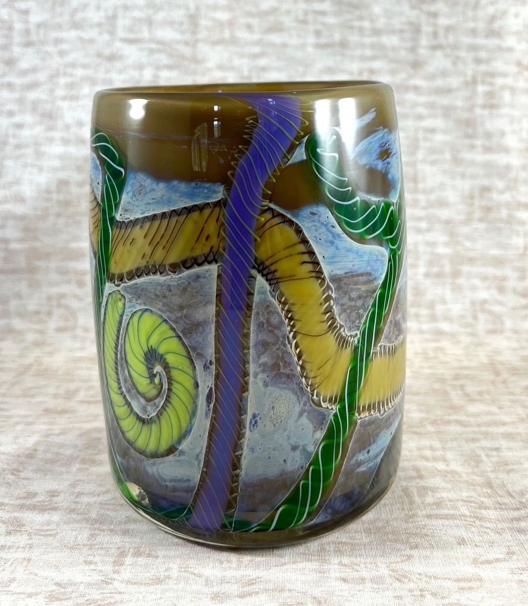 Kenny Walton, Signed, Art Glass Round Vase, Underwater Design, Studio Art Glass