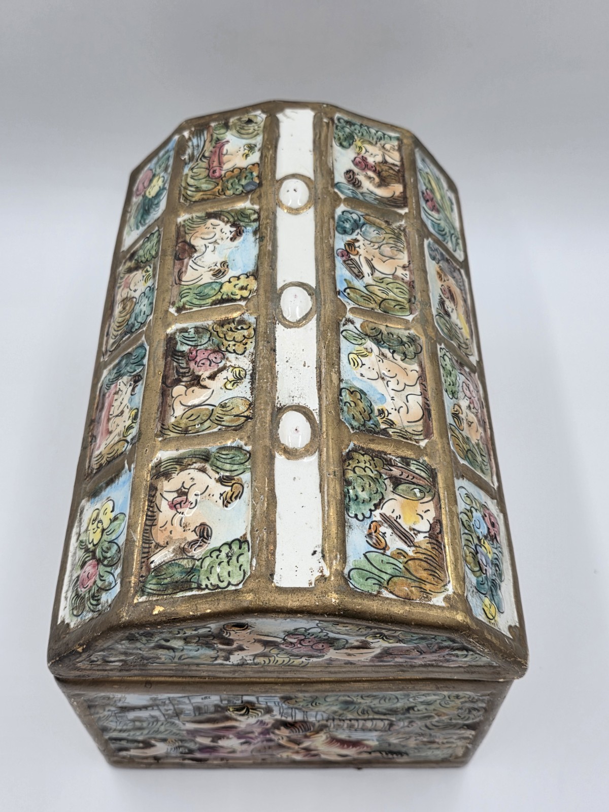 Rare Antique 19th C Large Capodimonte Gilded Porcelain Jewlery Box hand painted.