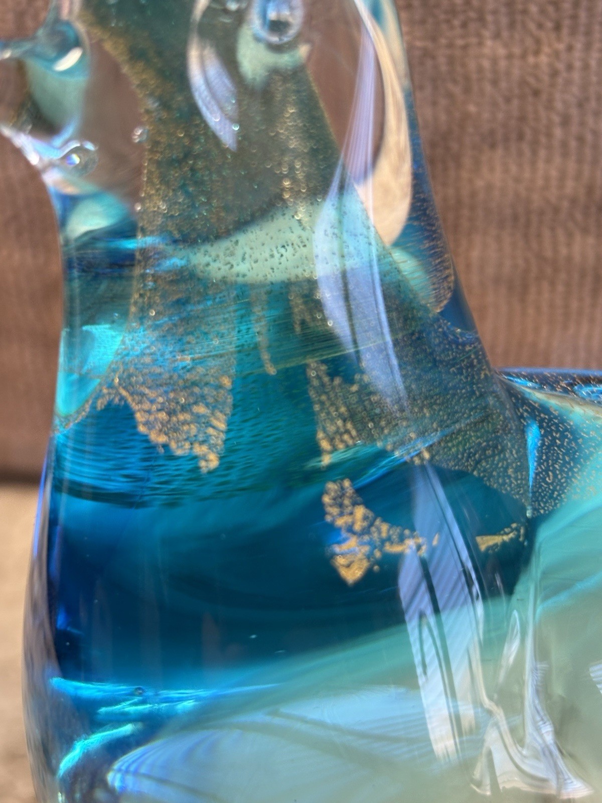 Clear and blue glass bird figure with gold flakes inside #B11