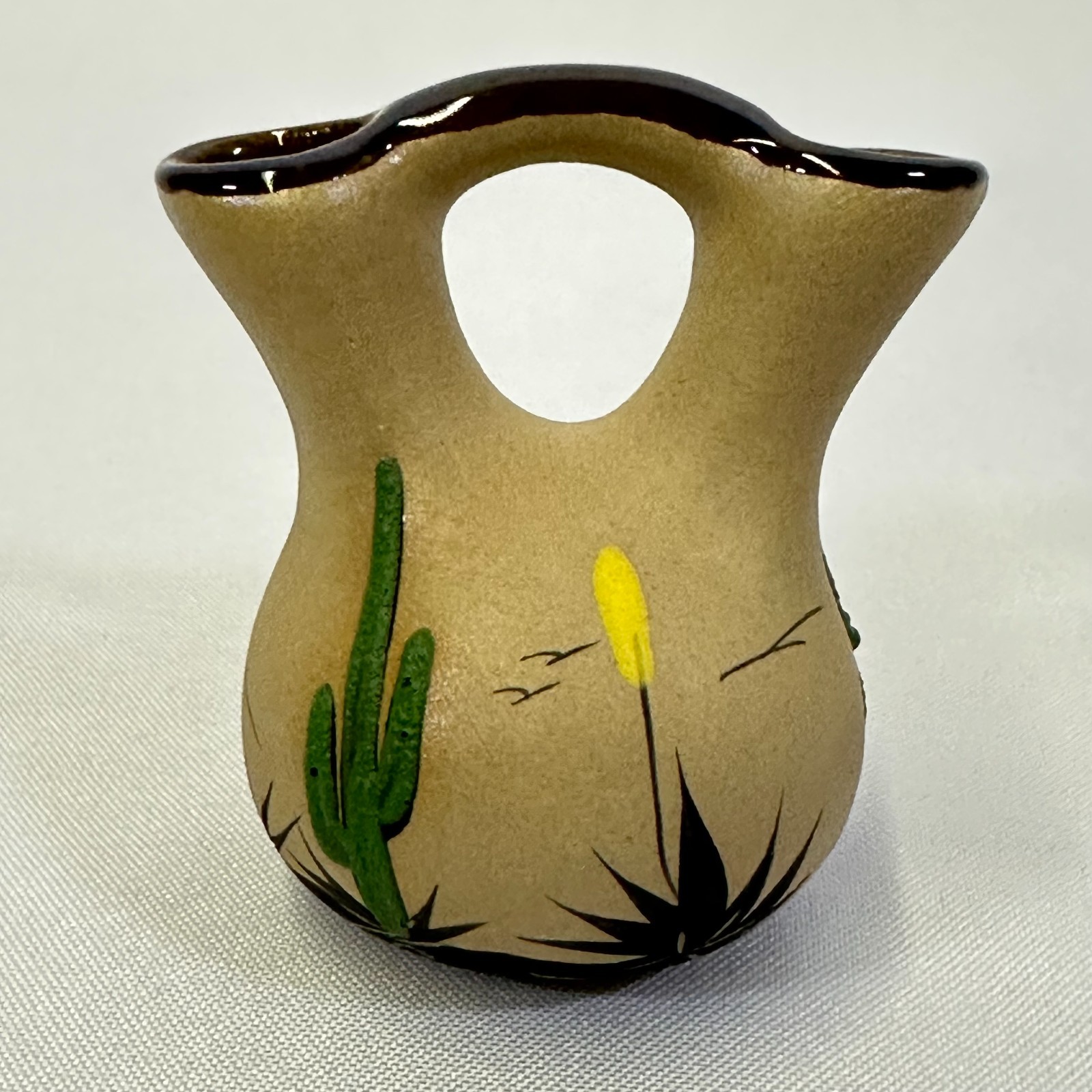 Southwestern Miniature Pottery Vase Saguaro Cactus Hand Painted 3-1/4″ Tall
