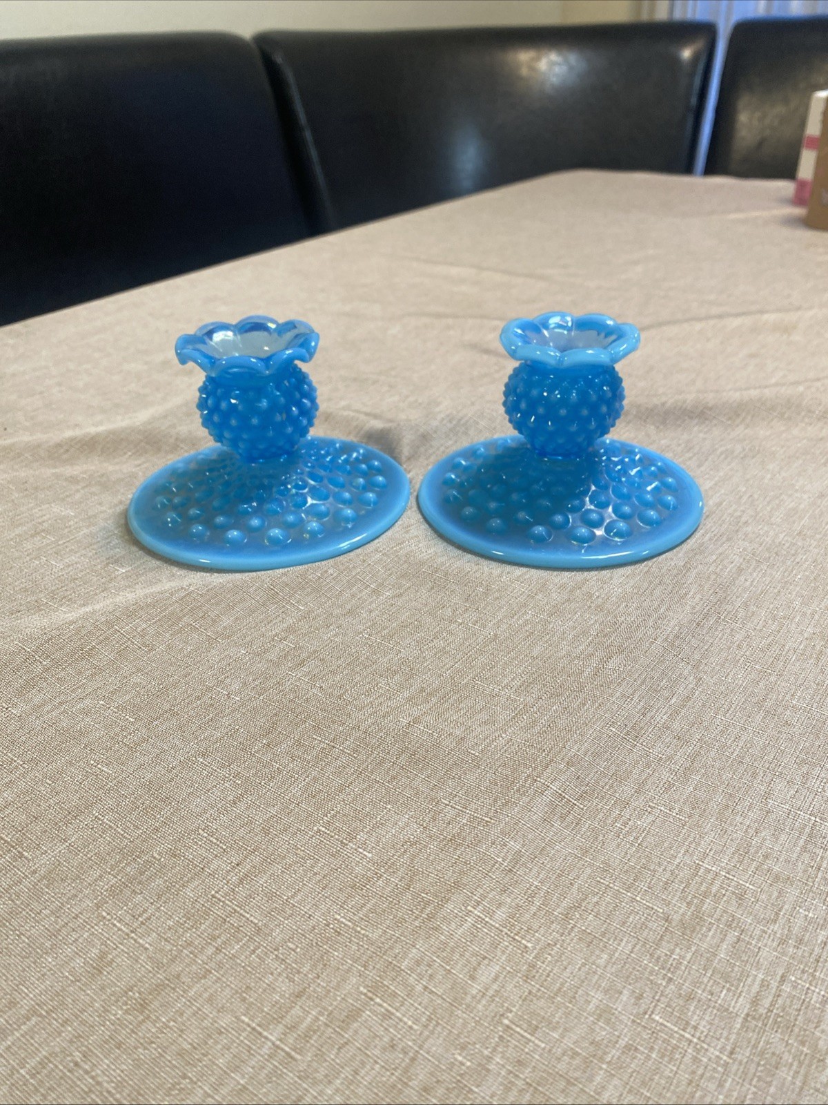 VTG! Rare! PAIR OF 1950’s Fenton Aqua Blue Opalescent Hobnail Candleholders