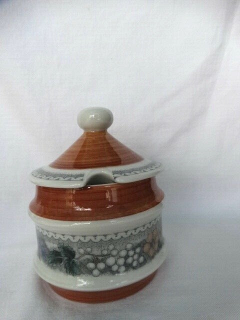 Goebel China Burgund 2 3/4 Sugar & Lid Rust Trim Yellow Blue Flowers Excel Cond
