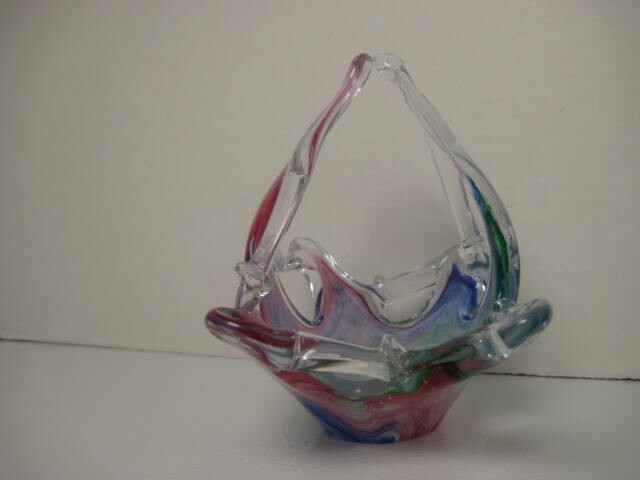 Murano Glass Pastel Basket Pink Blue Green With Sticker 4 x 4.5 x 3 in.