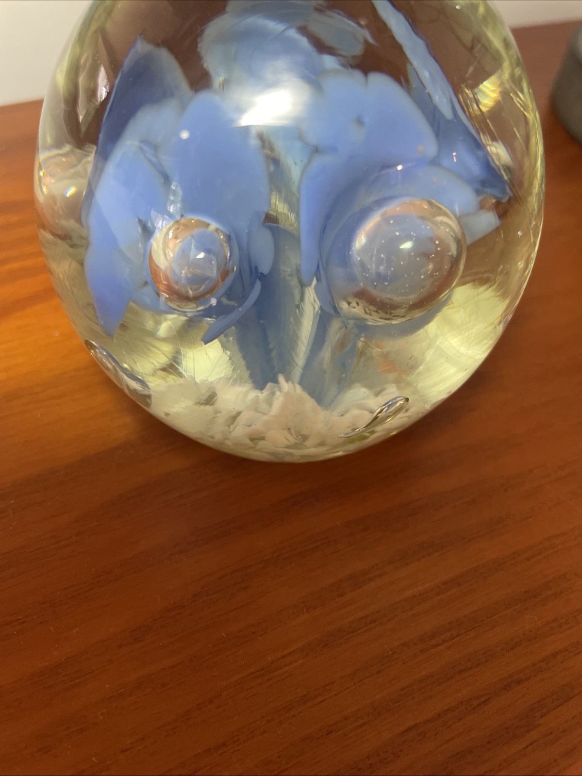 Vintage 1996 Gibson Art Glass Pale Blue FLoral Paperweight