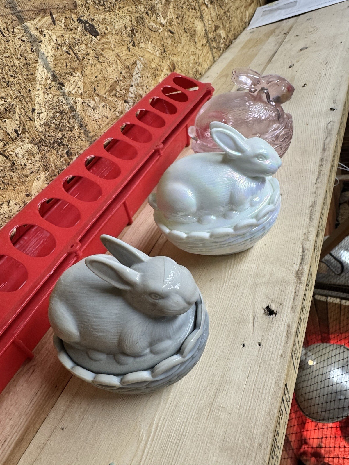4 MOSSER Glass BUNNY Gray MARBLE, iridescent White, passion Pink and jadite.