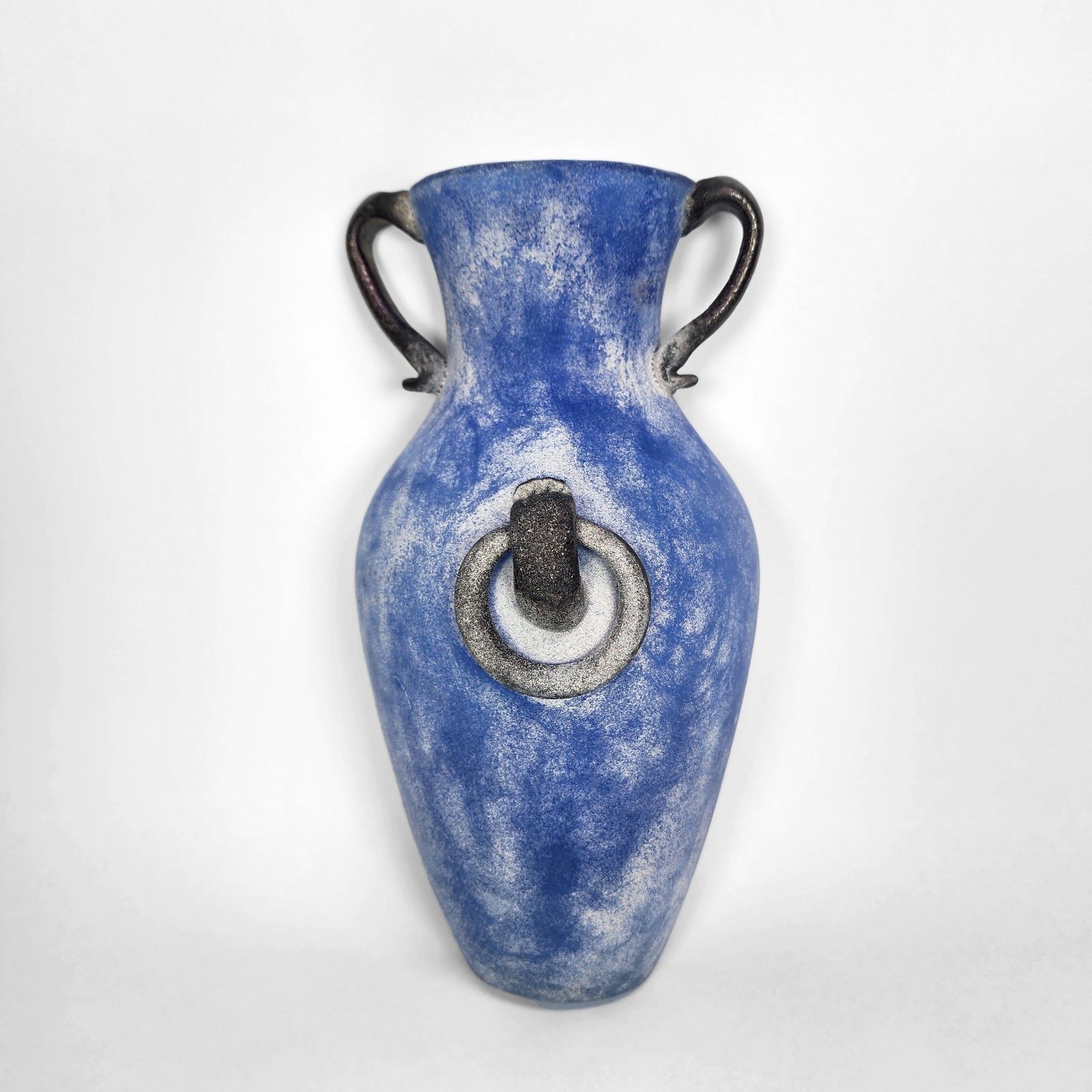 Blue Art Glass Wall Pocket Vase Design Guild Amphora Romania Corroso Greco-Roman