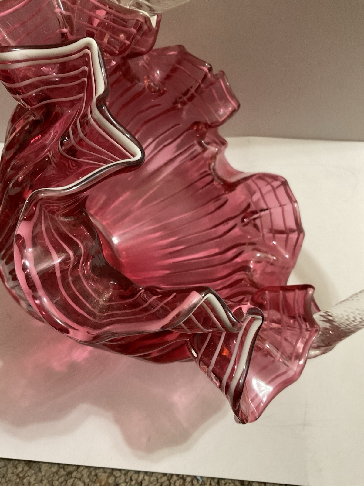 Fenton Cranberry Glass Overlay Ruffled Basket with Handle 1950 Ribbed Art Glass