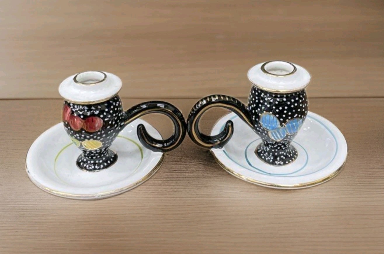 Vintage Deruta Italy Hand Painted Candlestick Holders Pair Black Polka Dot