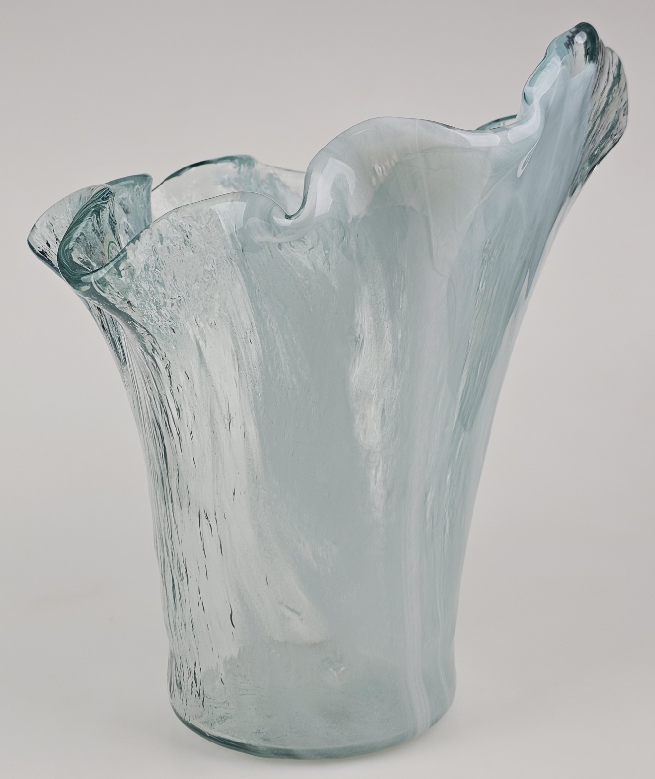 Murero Glass Aqua & White Large Handkerchief Vase or Luxury Trash Bin Italy 11″